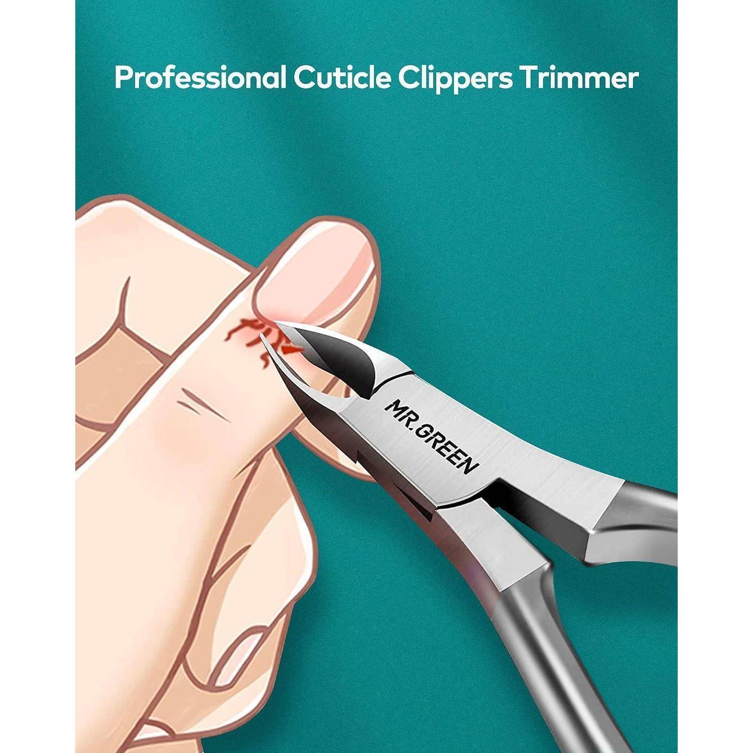 Illustration von Nagelhautschere, die einen Fingernagel trimmt; Text liest „Professional Cuticle Clippers Trimmer