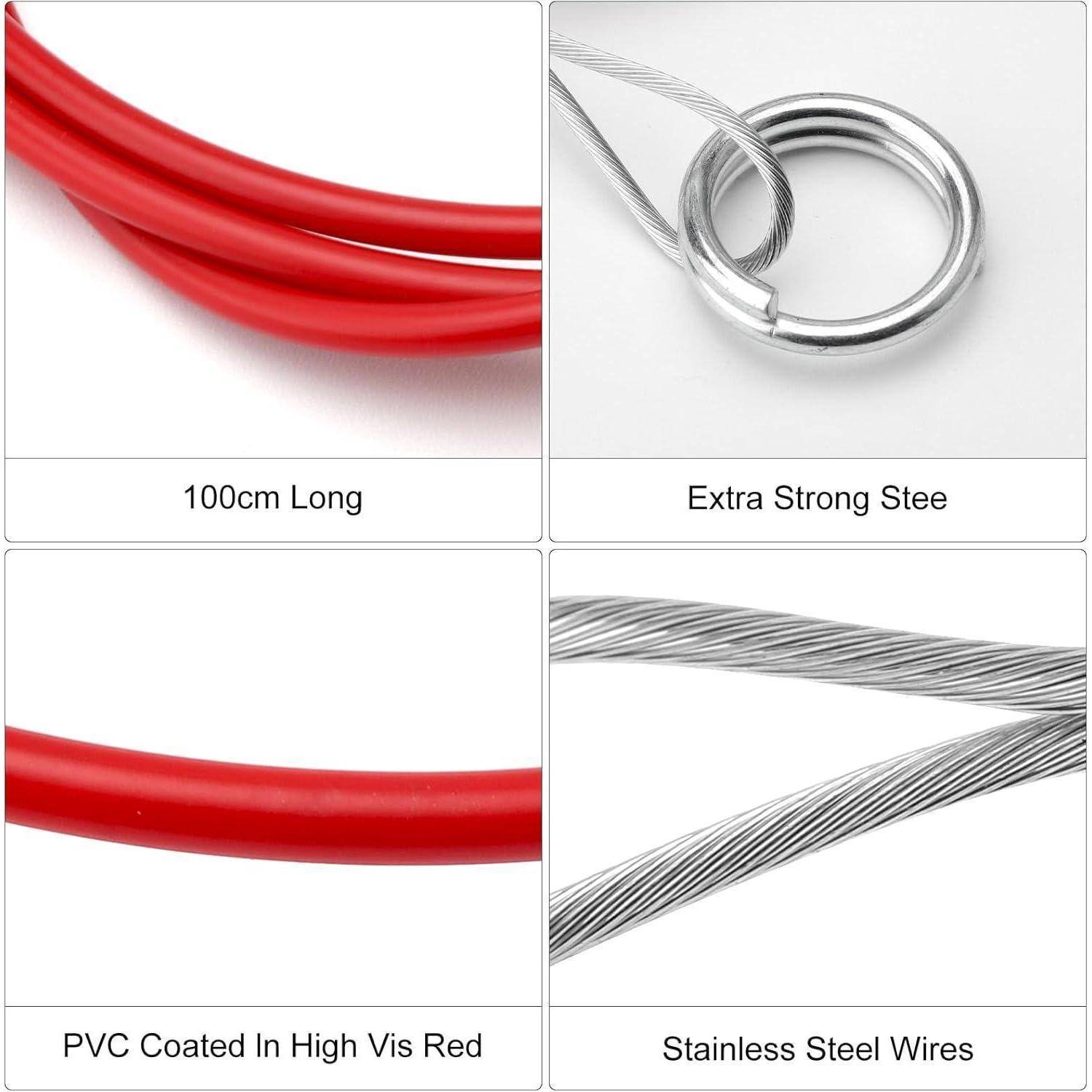 Produktcollage mit einem 100cm hochsichtbaren roten PVC-beschichteten Kabel mit extra-starken Edelstahldrähten und einer Stahlringschlaufe am Ende.