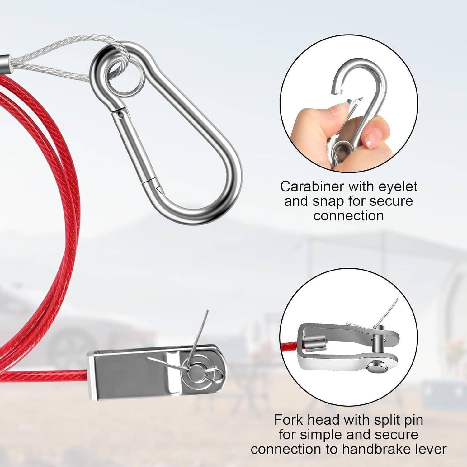 Diagramm zeigt ein rotes Kabel, das mit einem Karabiner und einer Gabelkopfverbindung mit Splint befestigt ist; Beschriftungen erläutern die sichere Verbindung mit einer Öse und einem Handbremshebel.