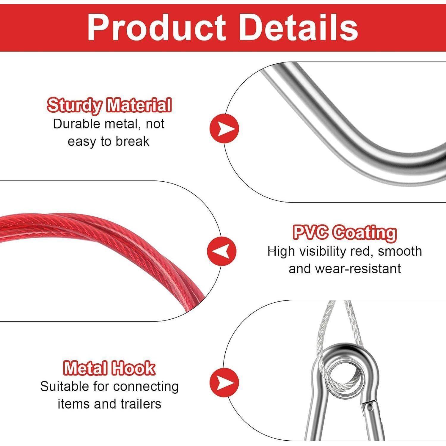 Produktdetails-Infografik zeigt einen langlebigen Metallhaken mit PVC-Beschichtung und rotem Kabel, wobei robustes Material, hohe Sichtbarkeit und Verschleißfestigkeit hervorgehoben werden.