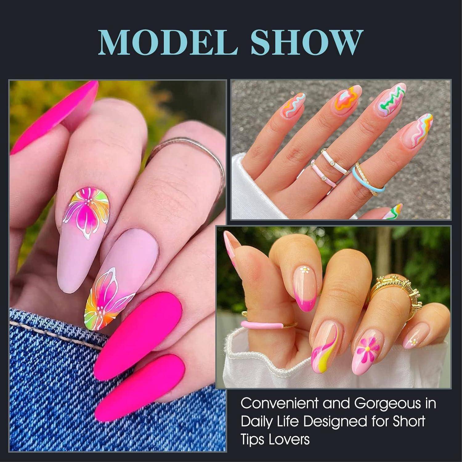 Collage aus drei Händen, die lange, farbenfrohe Acrylnagel-Designs mit Neonrosa, Pastellwirbeln und floralen Akzenten zeigen; der Titel lautet „MODEL SHOW