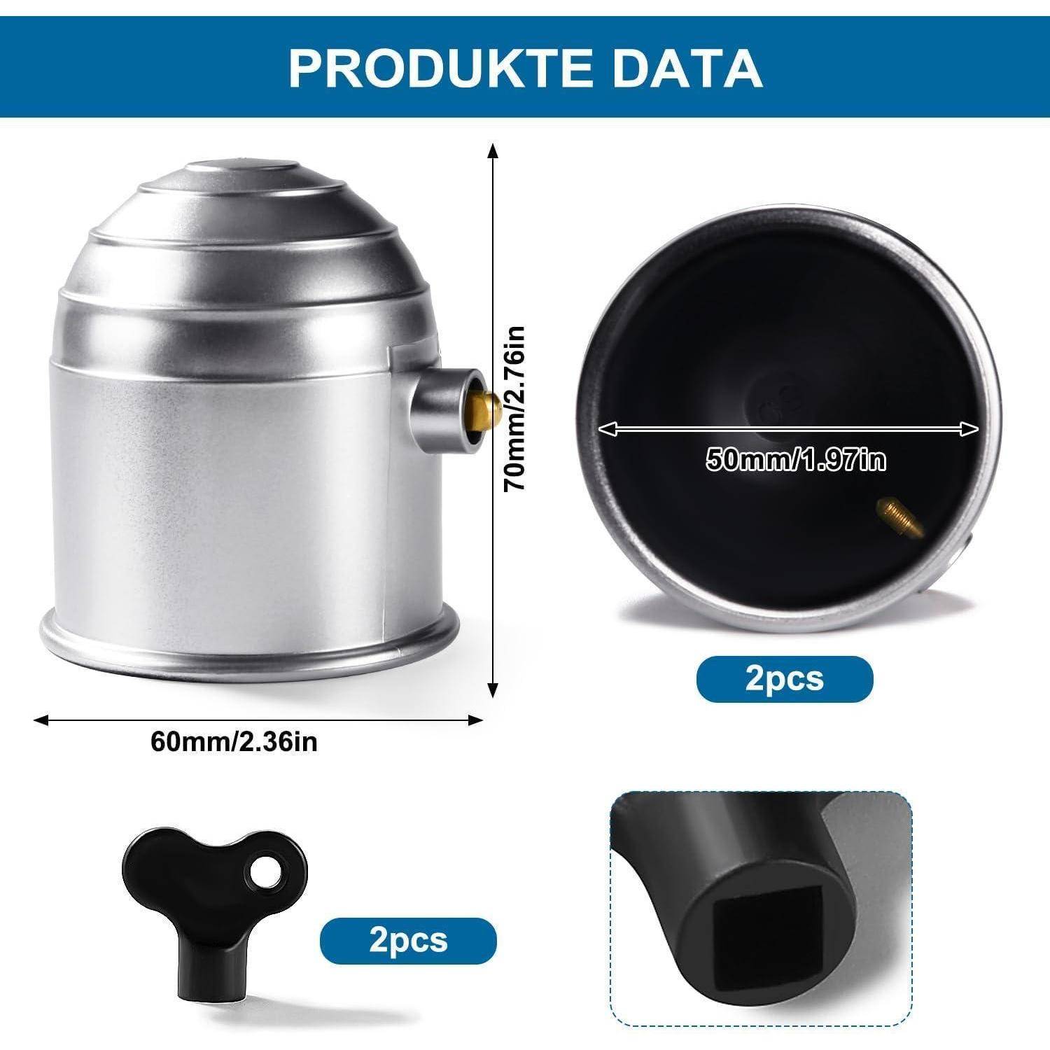 Produktdatenbild zeigt eine Metallkappe oder ein Gehäuse, 70 mm hoch und 60 mm breit, mit einer inneren Durchmesseröffnung von 50 mm, plus zwei schwarze Knöpfe/Zubehörteile mit der Bezeichnung „2 Stück