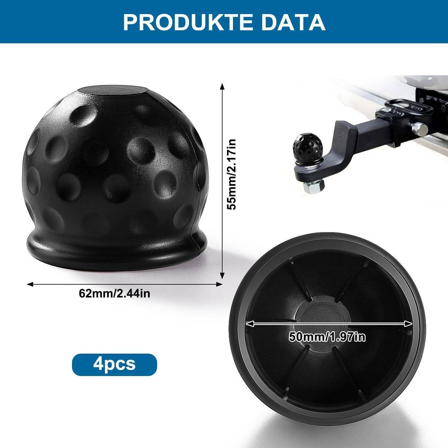 Produktdatenbild zeigt eine schwarze Anhängerkupplungsball-Abdeckung mit Dimpelmuster, mit den Abmessungen 55 mm Höhe, 62 mm Breite und 50 mm Innendurchmesser; gekennzeichnet mit „4er-Set