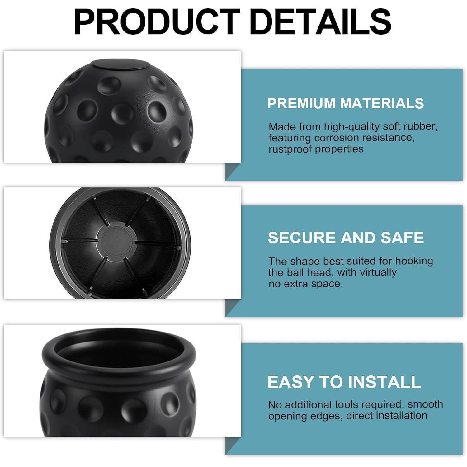 Produktdetails für einen schwarzen, weichen Gummi-Kugelhaken: hochwertige Materialien, sicher und zuverlässig, einfache Installation.