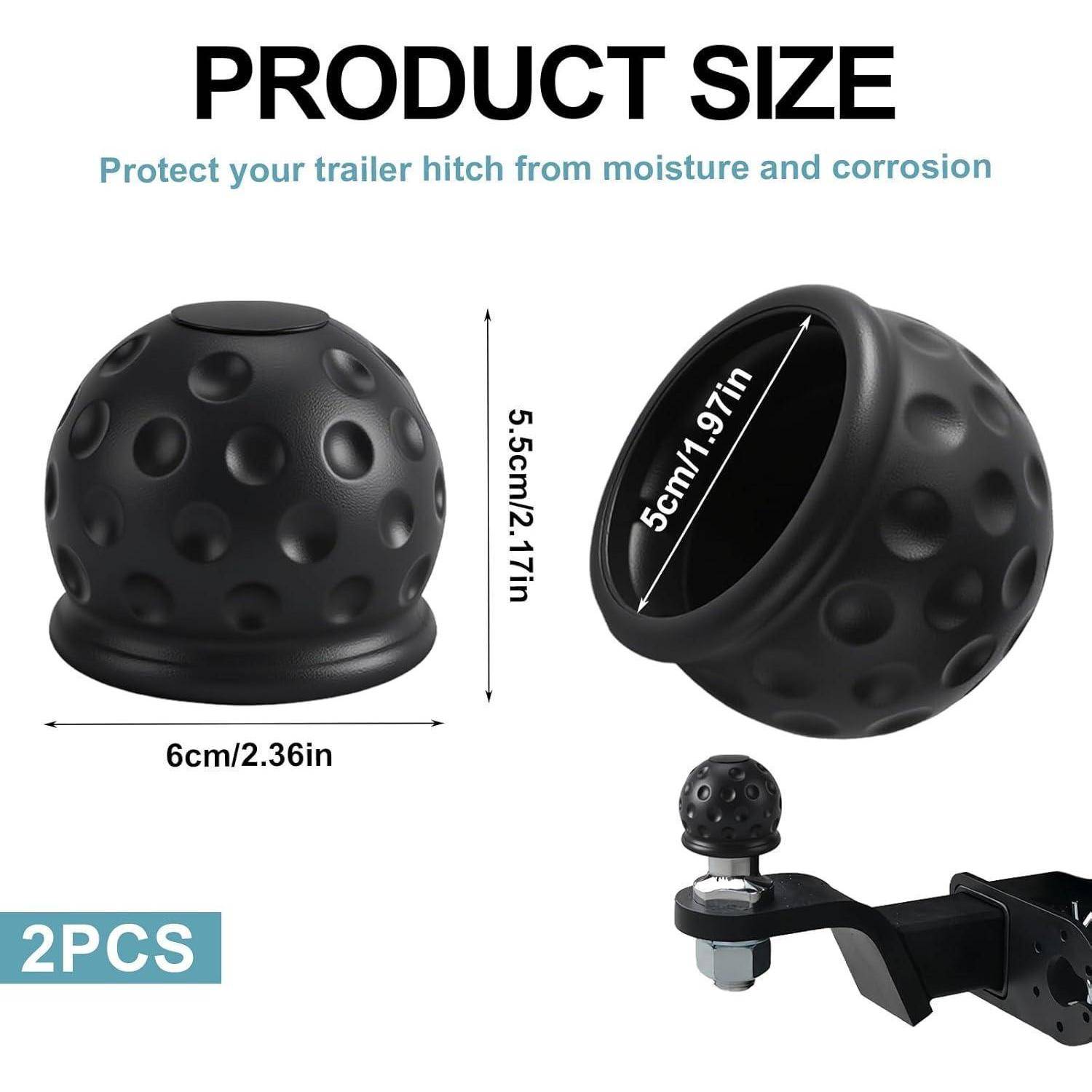 Produktgrößendiagramm für eine Anhängerkupplungsabdeckung: schwarze strukturierte Kappe misst 6 cm breit und 5,5 cm hoch, passt auf eine 5 cm breite Öffnung; umfasst 2 Stück.
