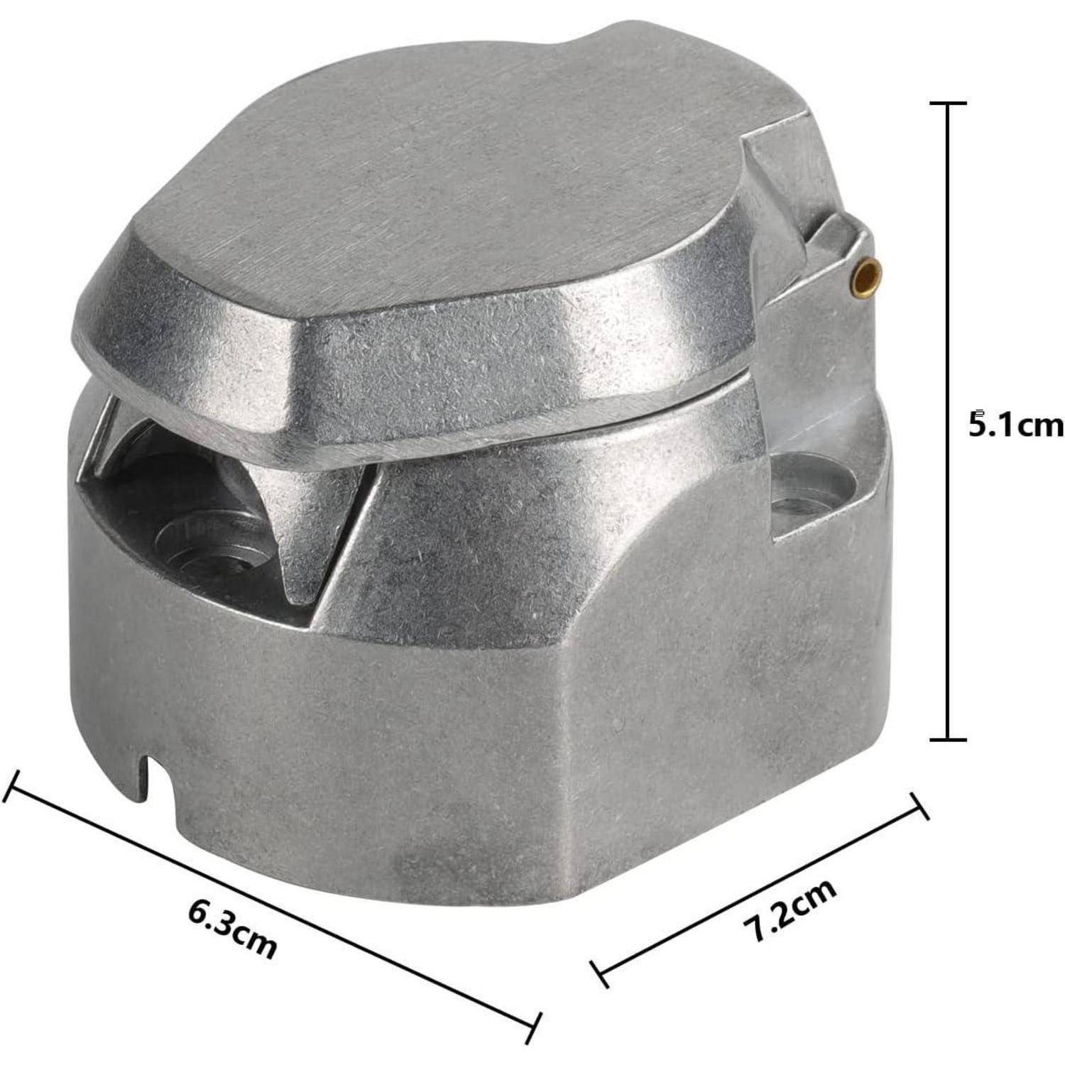 Metallisches Steckergehäuse, das in dem Produktfoto mit den beschrifteten Abmessungen 6,3 cm breit, 7,2 cm tief und 5,1 cm hoch dargestellt ist.