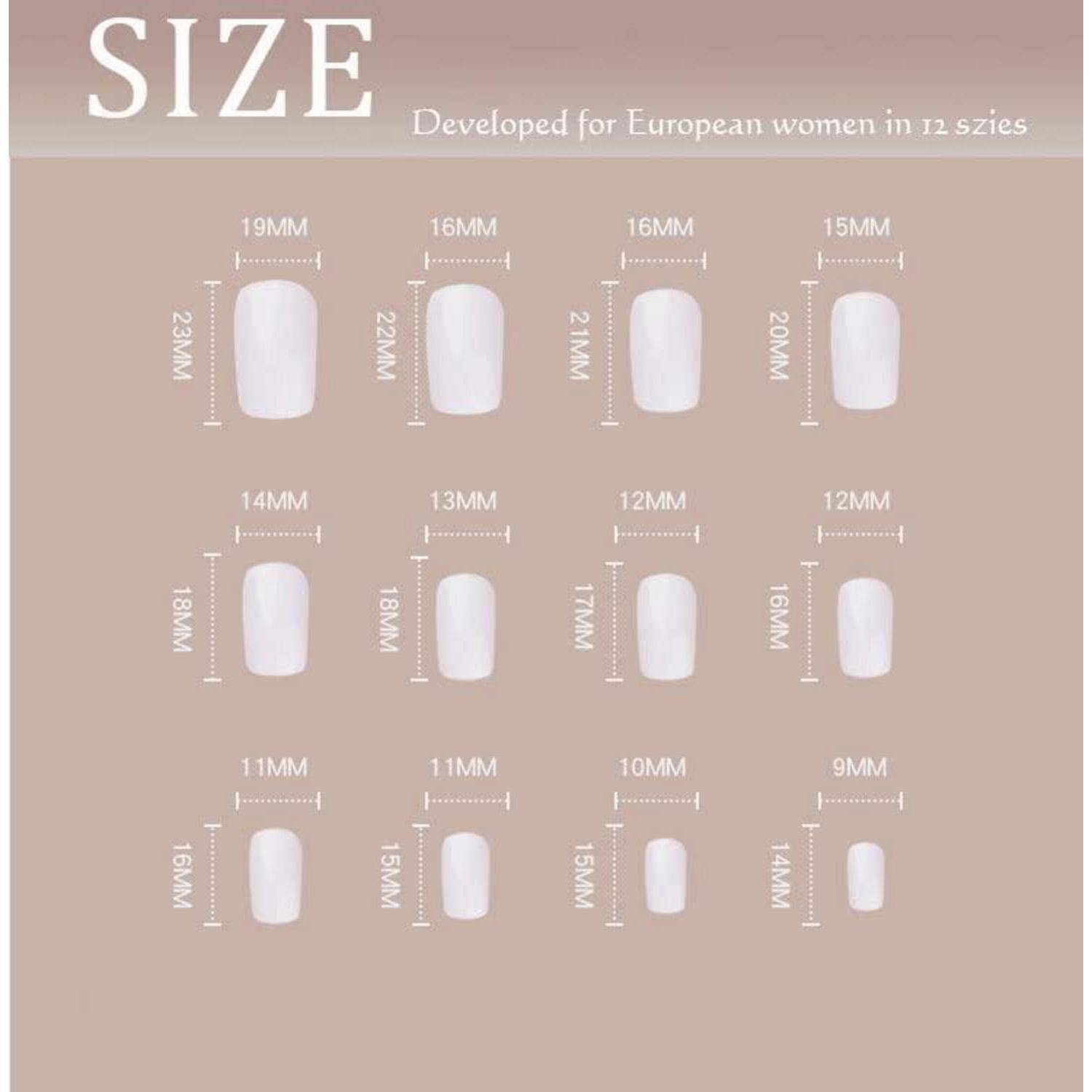 Größentabelle für europäische Frauen: acht weiße Nageltipp-Formen mit einer Breite von 19 mm bis 9 mm und einer Länge von 23 mm bis 14 mm.