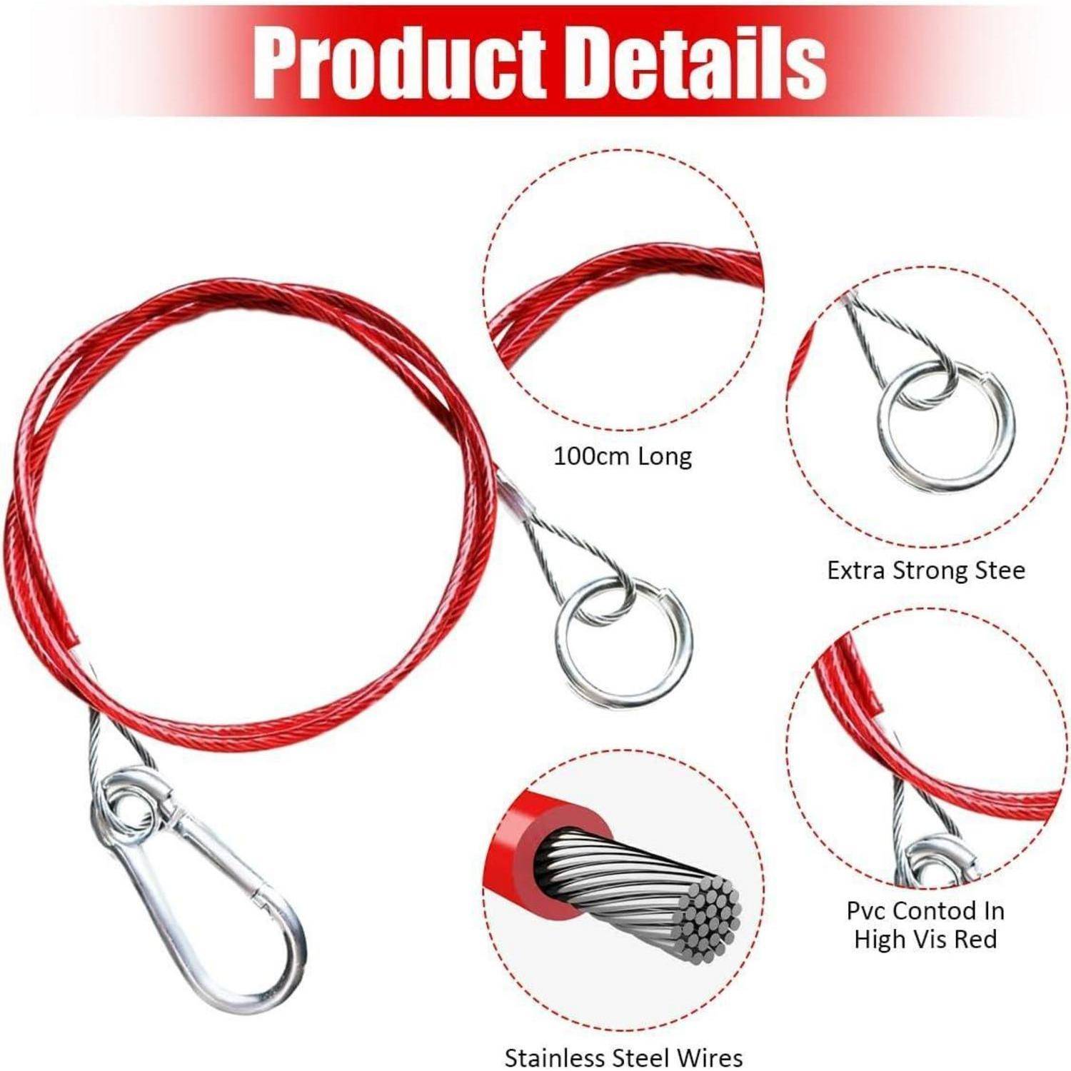 Produktdetailbild eines 100 cm langen roten Stahlkabels mit Karabiner und Ring, zeigt Nahaufnahmen des Kabels, Edelstahldrähte und PVC-Beschichtung.