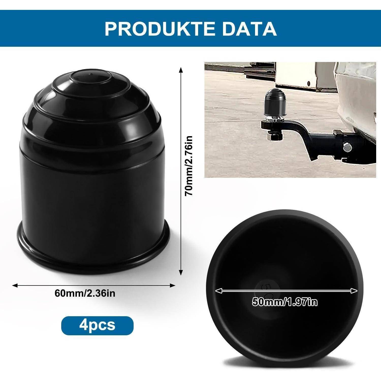 Produktdatengrafik, die eine schwarze Anhängerkupplungsabdeckung zeigt, 70 mm hoch und 60 mm breit, 50 mm Öffnung, mit einem Montagebeispiel und einem „4er-Pack