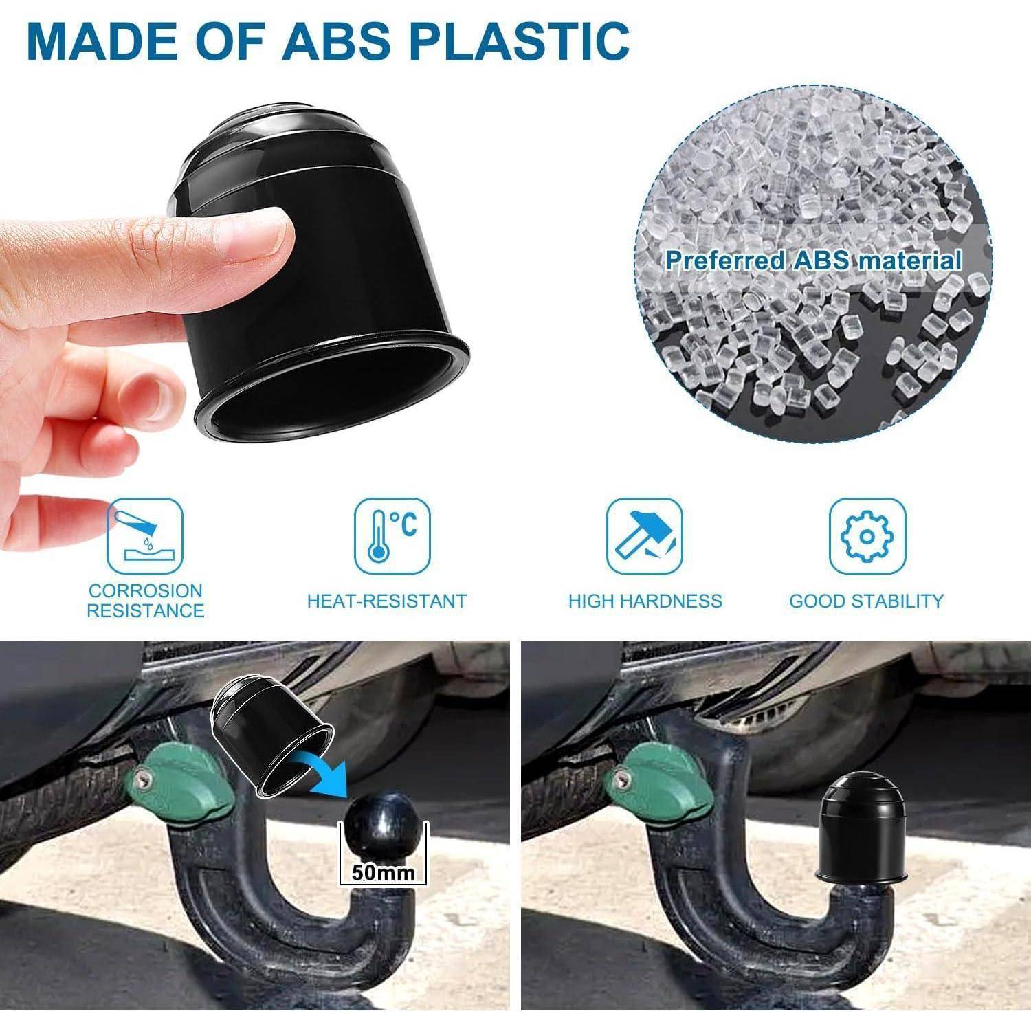 Produktinfografik, die eine schwarze ABS-Kunststoff-Anhängerkupplung zeigt, mit der Bezeichnung „Aus ABS-Kunststoff gefertigt