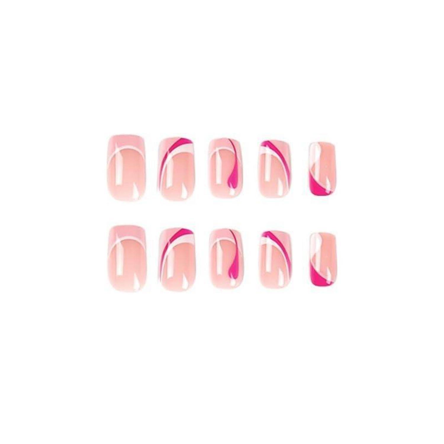Zwei Reihen mit je fünf rosa-weißen abstrakten Nagellack-Mustern mit geschwungenen Magenta-Akzenten auf weißem Hintergrund.