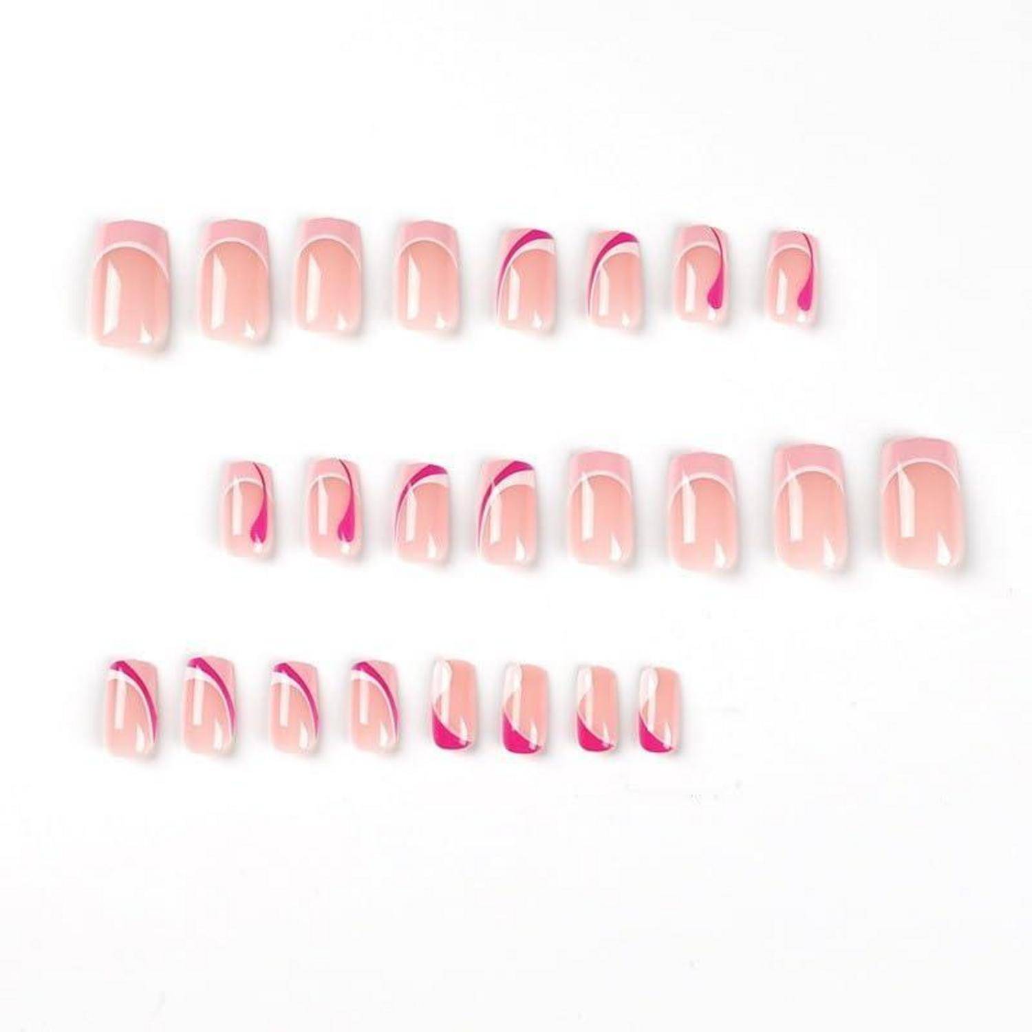 Reihen von rosa und weißen French-Tip-Nagelkunst-Kunstnägeln mit magentafarbenen Akzentwirbeln auf weißem Hintergrund.