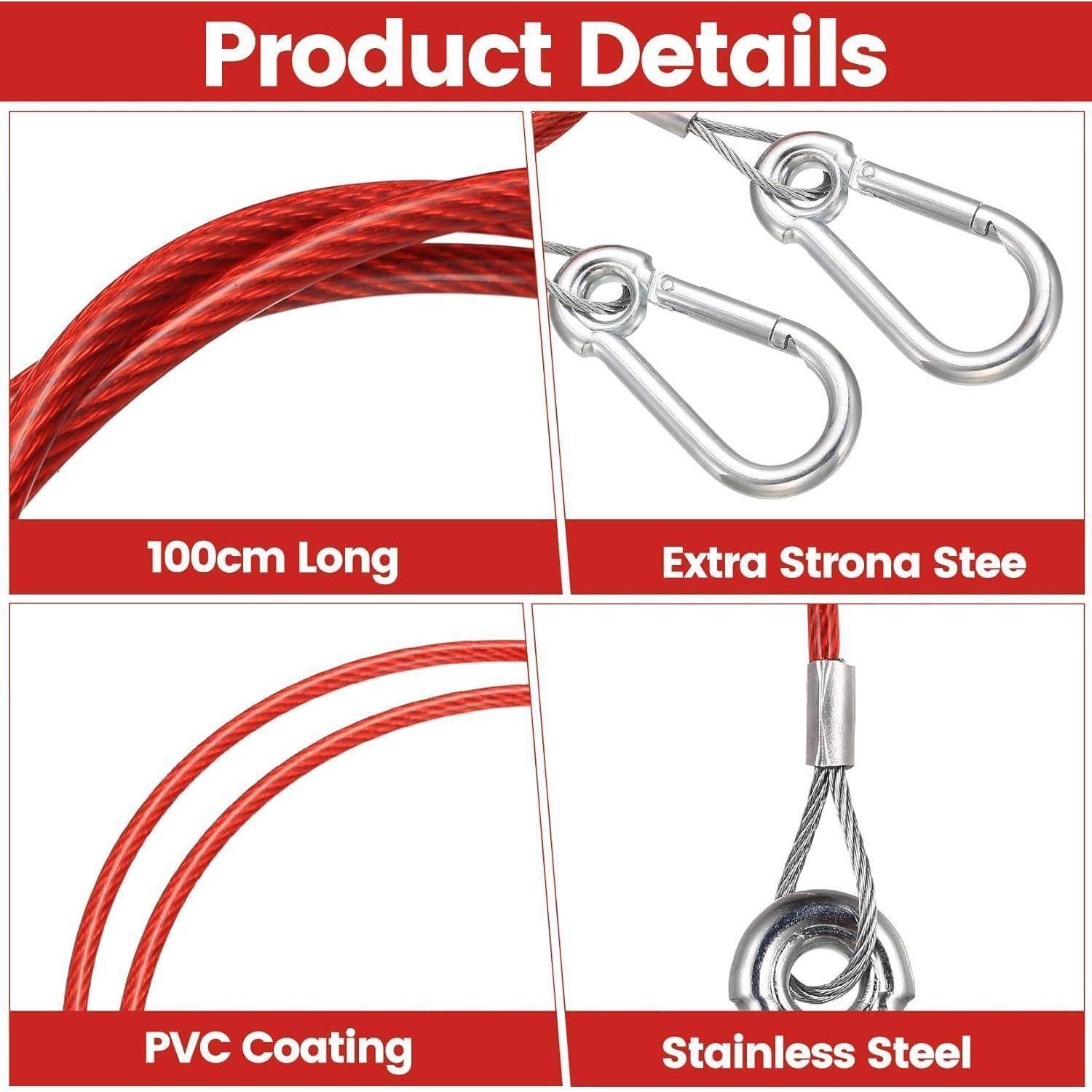 Produktdetails-Grafik zeigt ein 100cm rotes Stahlseil mit PVC-Beschichtung und Edelstahlklammern, beschriftet mit 