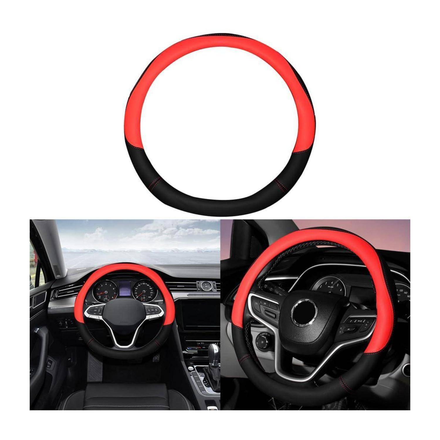 Rotes und schwarzes Lenkradüberzug einzeln abgebildet und in einem Auto installiert, mit Vorder- und Nahaufnahmen des Lenkrads.