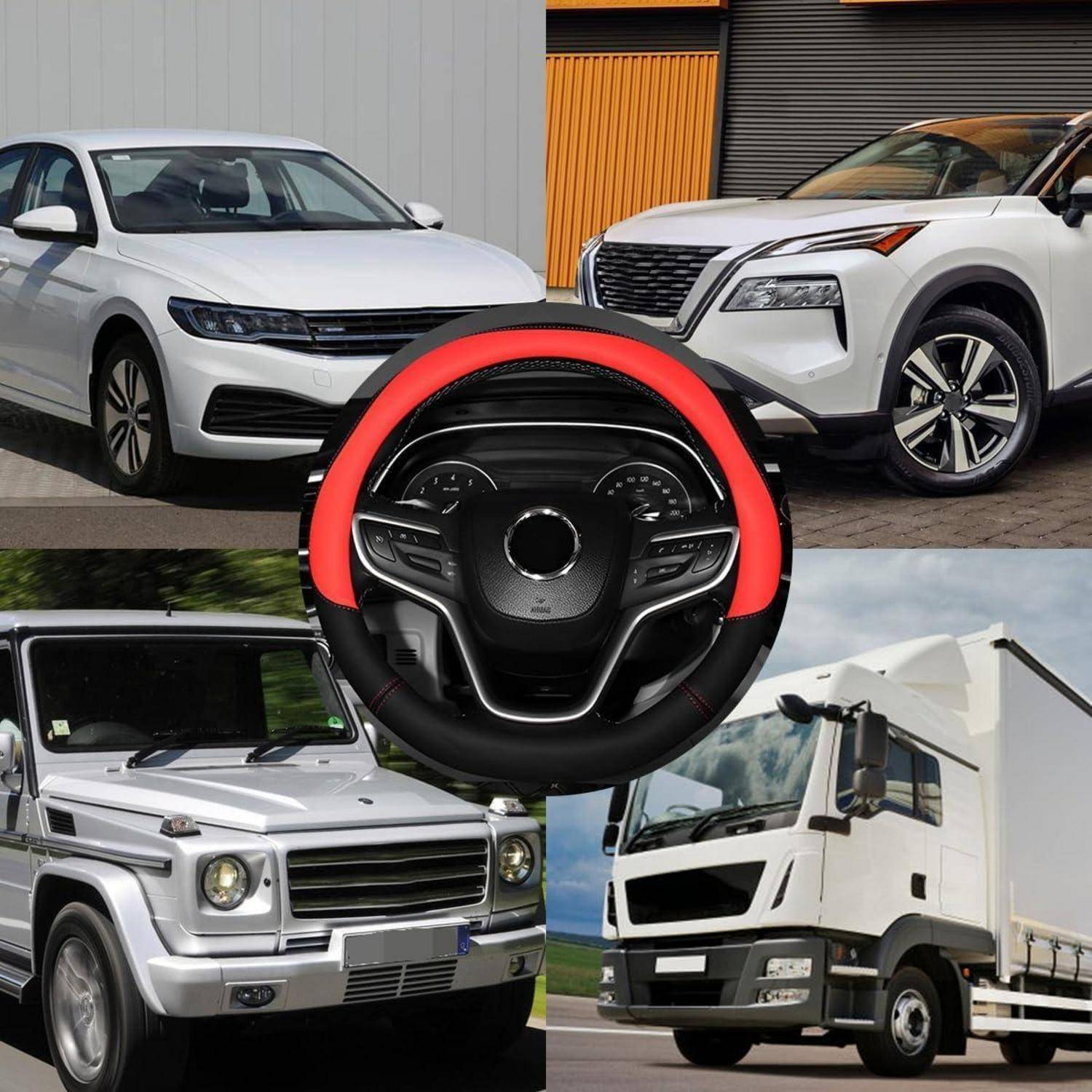 Collage von Fahrzeugen mit einem zentralen Autolenkrad, umgeben von zwei weißen SUVs, einem silbernen SUV und einem weißen Kastenwagen.