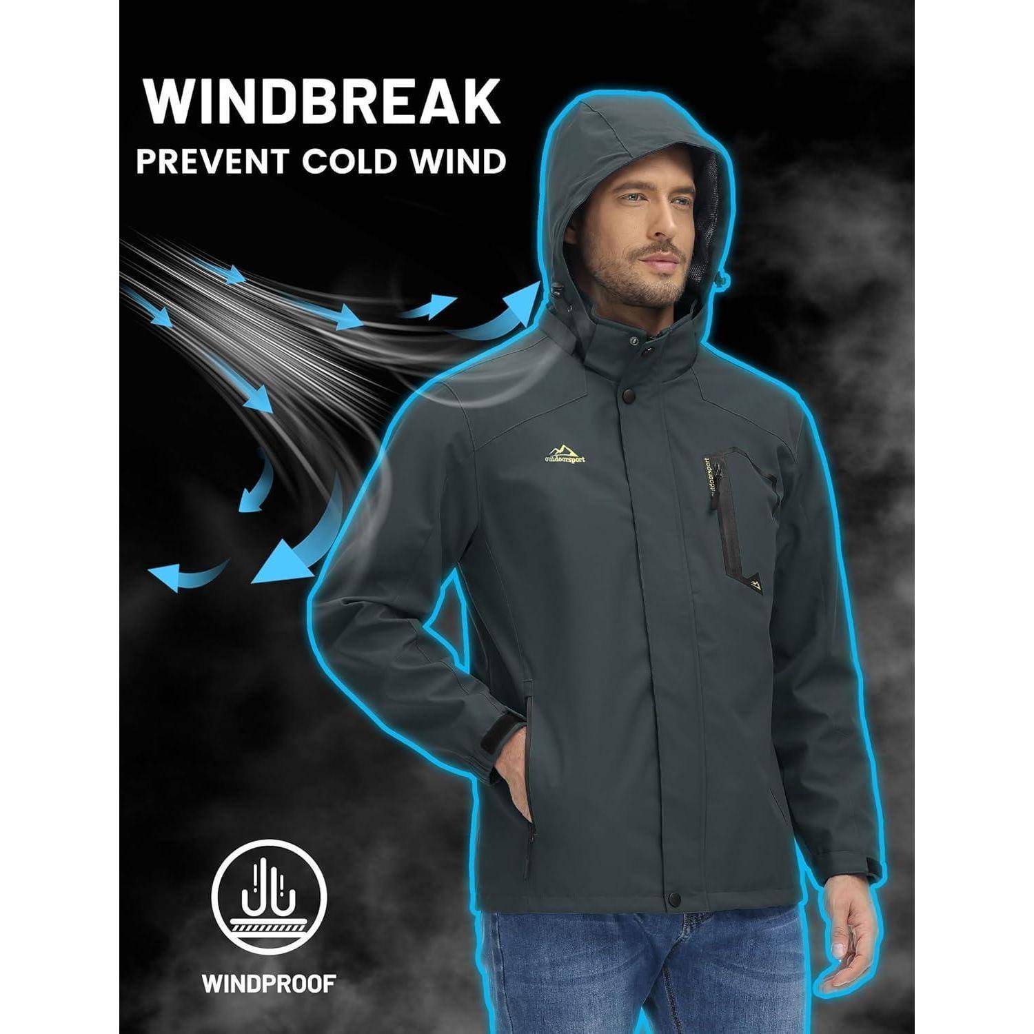 Outdoorjacke Herren wasserabweisend abnehmbare Kapuze XXL Kohlengrau