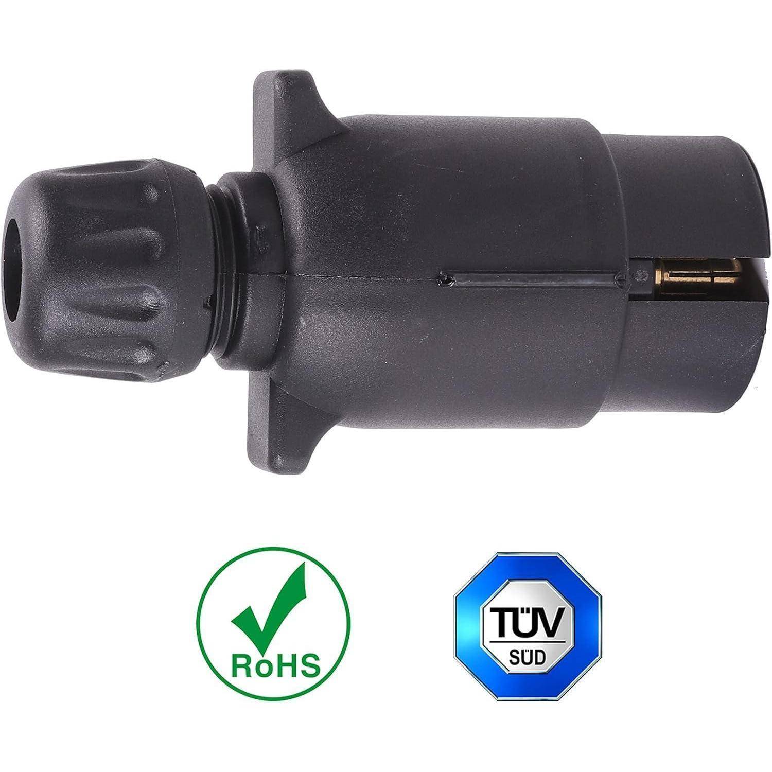 Schwarzer Elektrostecker oder Steckerkappe auf weißem Hintergrund mit RoHS- und TÜV SÜD-Zertifizierungslogos darunter.