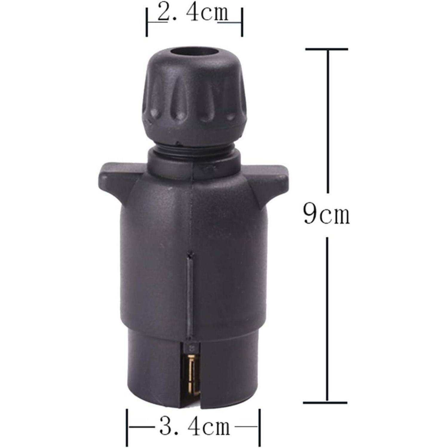 Schwarzer Kunststoff-Elektrostecker mit beschrifteten Abmessungen: 9 cm Höhe, 2,4 cm Breite oben, 3,4 cm Breite an der Basis.