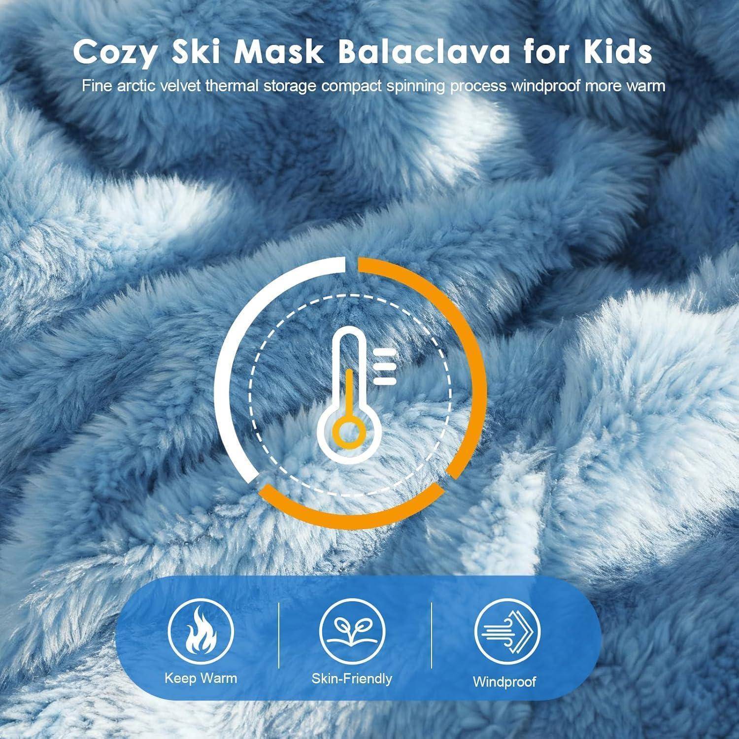 Produkt-Anzeige für „Gemütliche Ski-Gesichtsmaske Balaclava für Kinder" auf blauem flauschigem Hintergrund, der Wärmeschutz, hautfreundliches Material und windundurchlässigen Schutz mit einem Thermometer-Symbol und Funktions-Badges hervorhebt.