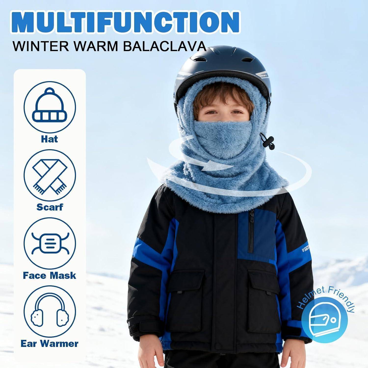 Junge, der eine Winterbalaclava und einen Helm trägt, dargestellt als Multifunktionsmütze, Schal, Gesichtsmaske und Ohrenwärmer für die Verwendung bei kaltem Wetter.