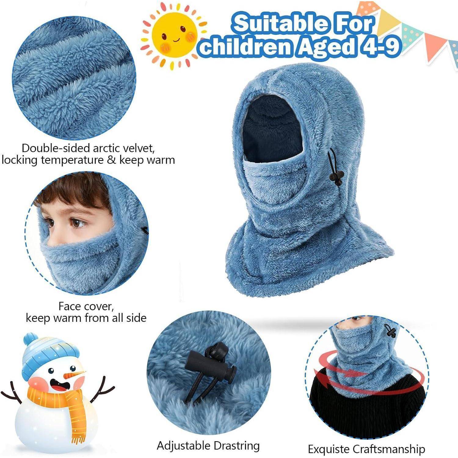 Blauer Plüsch-Gesichtsmaske mit Kapuze für Kinder/Nackenw­ärmer für Alter 4-9 Jahre, mit doppelseitigem Samt, verstellbarem Kordelzug und vollständiger Gesichtswärmung.