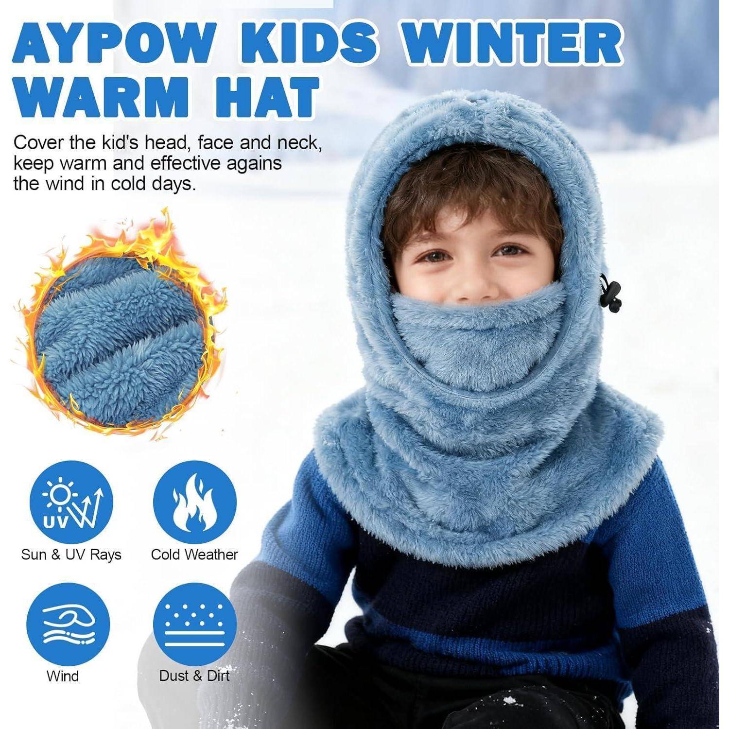 Werbung für 'AYPOW KIDS WINTER WARM HAT' mit einem Kind, das eine blaue Fleecemütze und eine Gesichtsbedeckung trägt, um sich vor Wind, Kälte, UV-Strahlen und Staub zu schützen.