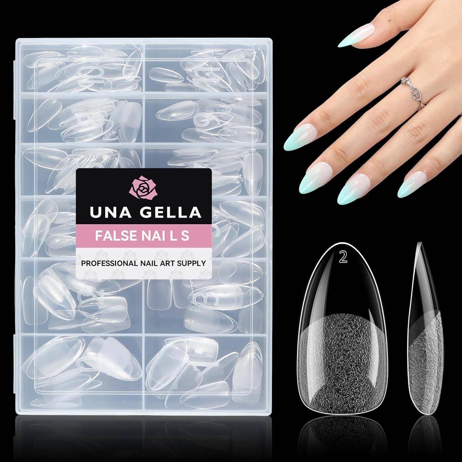 Werbebild eines künstlichen Nagel-Sets: durchsichtige Aufbewahrungsbox mit der Beschriftung „UNA GELLA FALSE NAILS