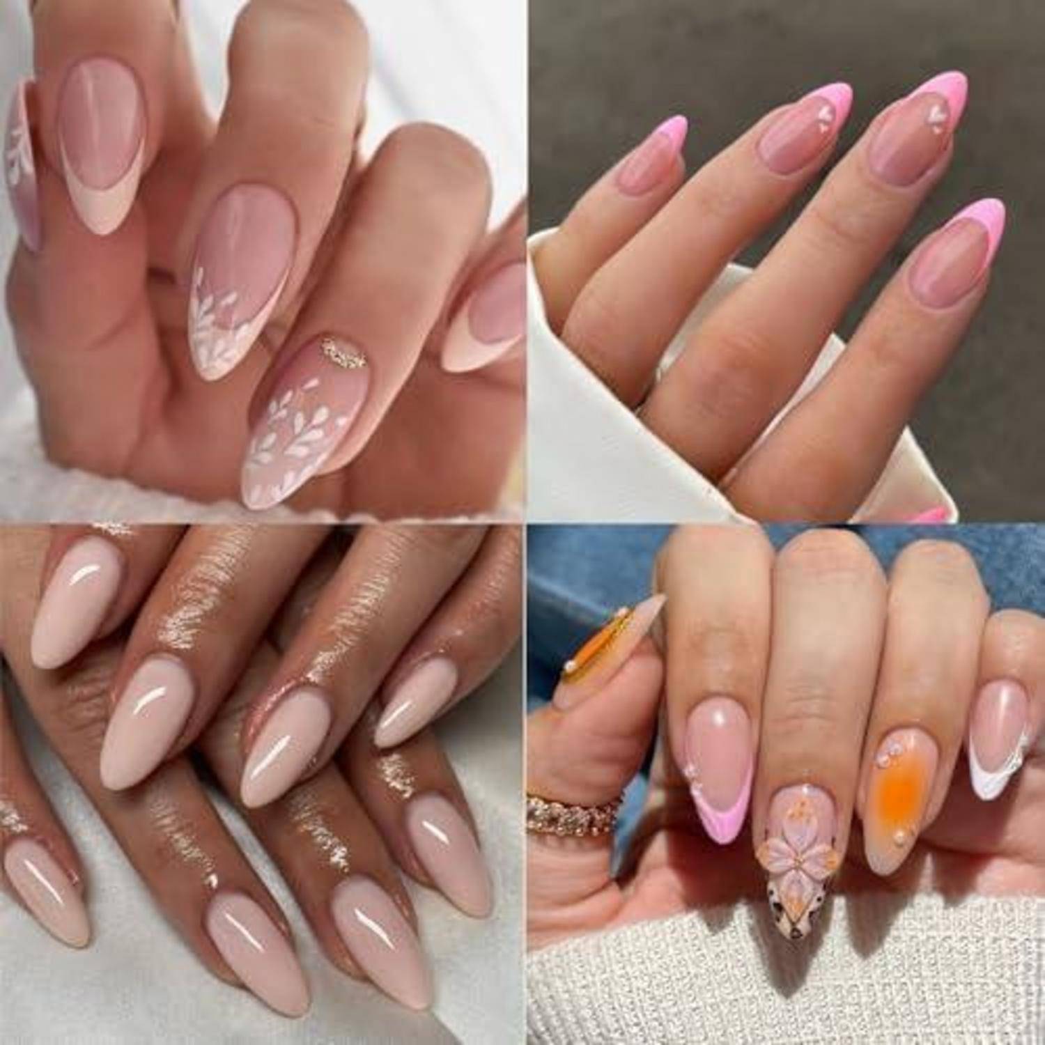 Collage von vier manikürierten Händen mit nacktem Rosa, mandelförmigen Nägeln, French Tips und floralem Akzentdesign.