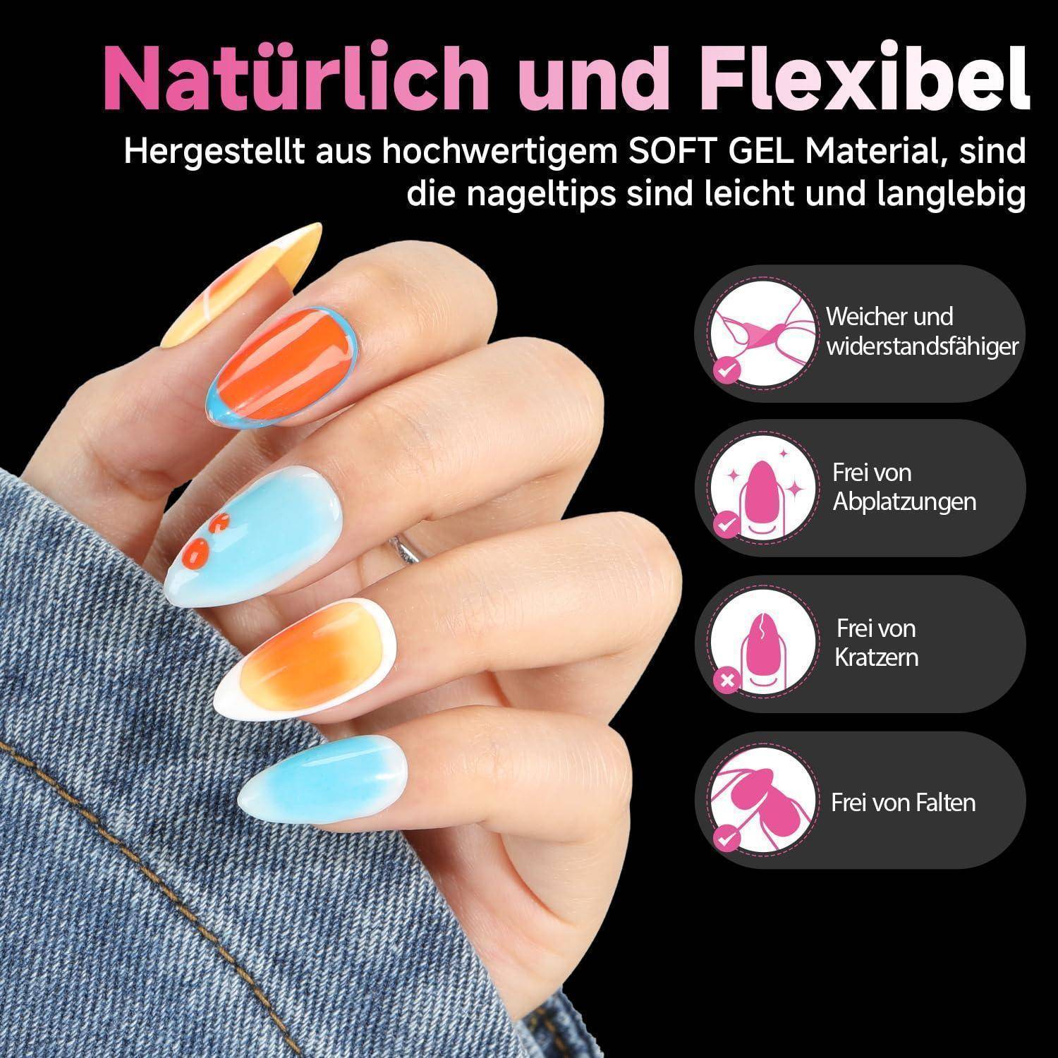 Nageltips Gelnägel 216 Stück 12 Größen Soft Gel Full Mandel Oval M