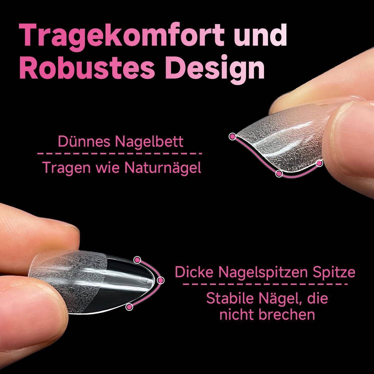 Illustration von zwei klaren Nagelspitzen, die von Fingern gehalten werden, mit der Beschriftung „Tragekomfort und Robustes Design