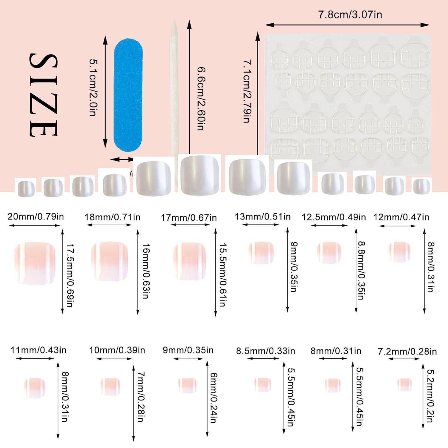 Größentabelle für Nägel mit verschiedenen künstlichen Nagelformen in glänzendem Nude und Weiß, mit Längen- und Breitenmessungen in mm und Zoll.