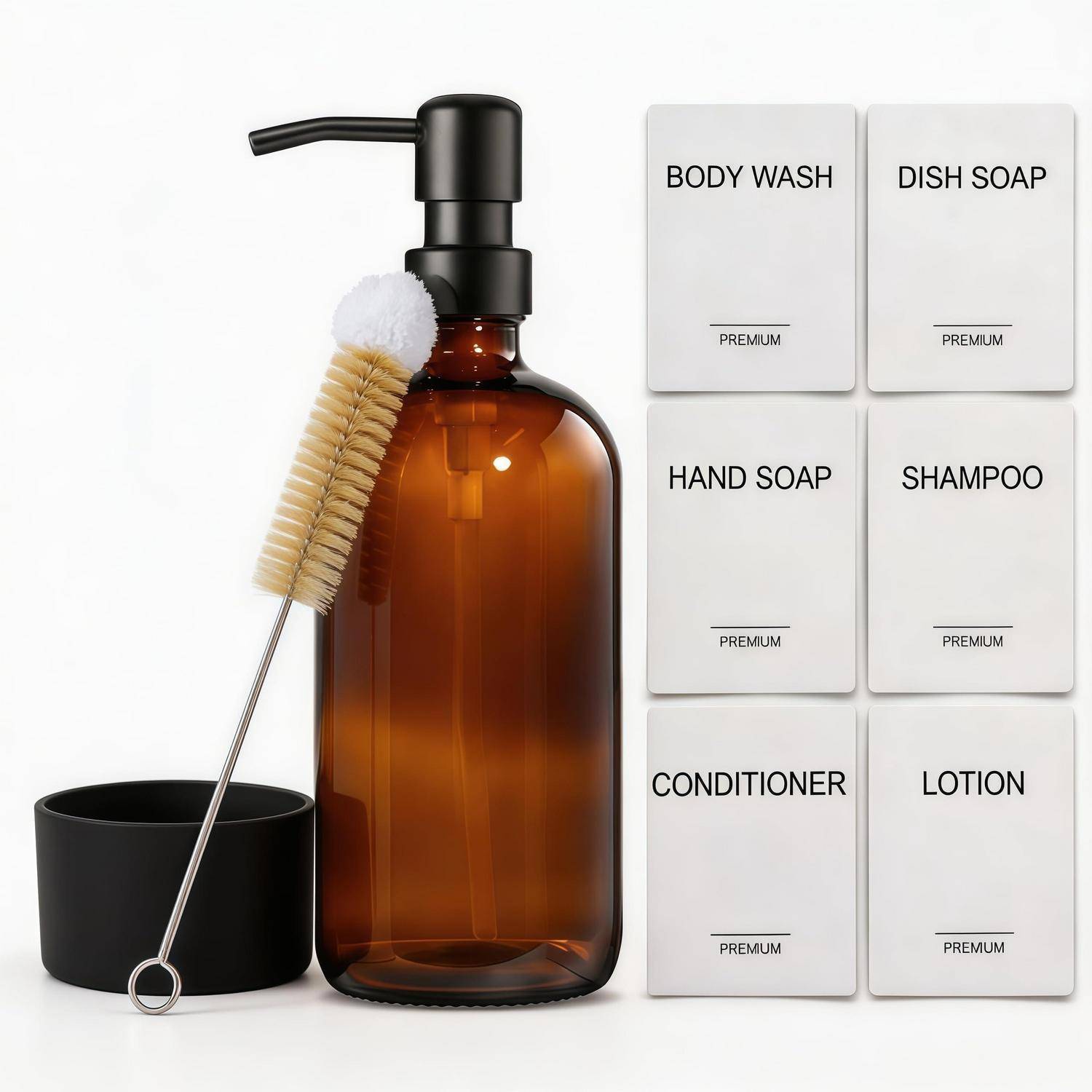 Bernsteinfarbene Pumpflasche mit Reinigungsbürste und schwarzem Becher neben gekennzeichneten Produktboxen: Körperwäsche, Spülmittel, Handseife, Shampoo, Spülung und Lotion.