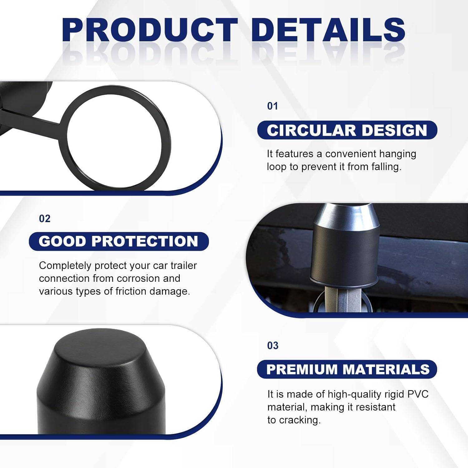 Produktdetails-Infografik, die eine Anhängerkupplungsabdeckung mit kreisförmigem Design, guter Schutzfunktion und hochwertigem starrem PVC-Material zeigt, wobei die Korrosions- und Rissbeständigkeit hervorgehoben wird.