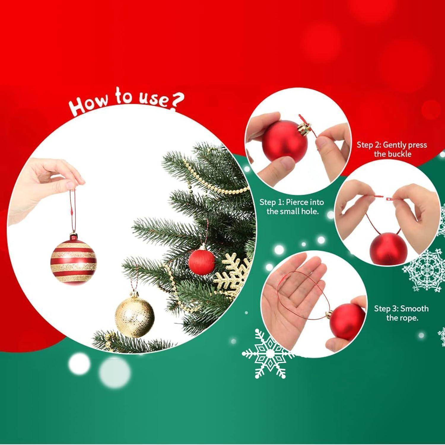 Anleitung zum Aufhängen von Weihnachtskugeln: Stechen Sie das kleine Loch durch, drücken Sie die Schnalle, dann glätten Sie das Seil.