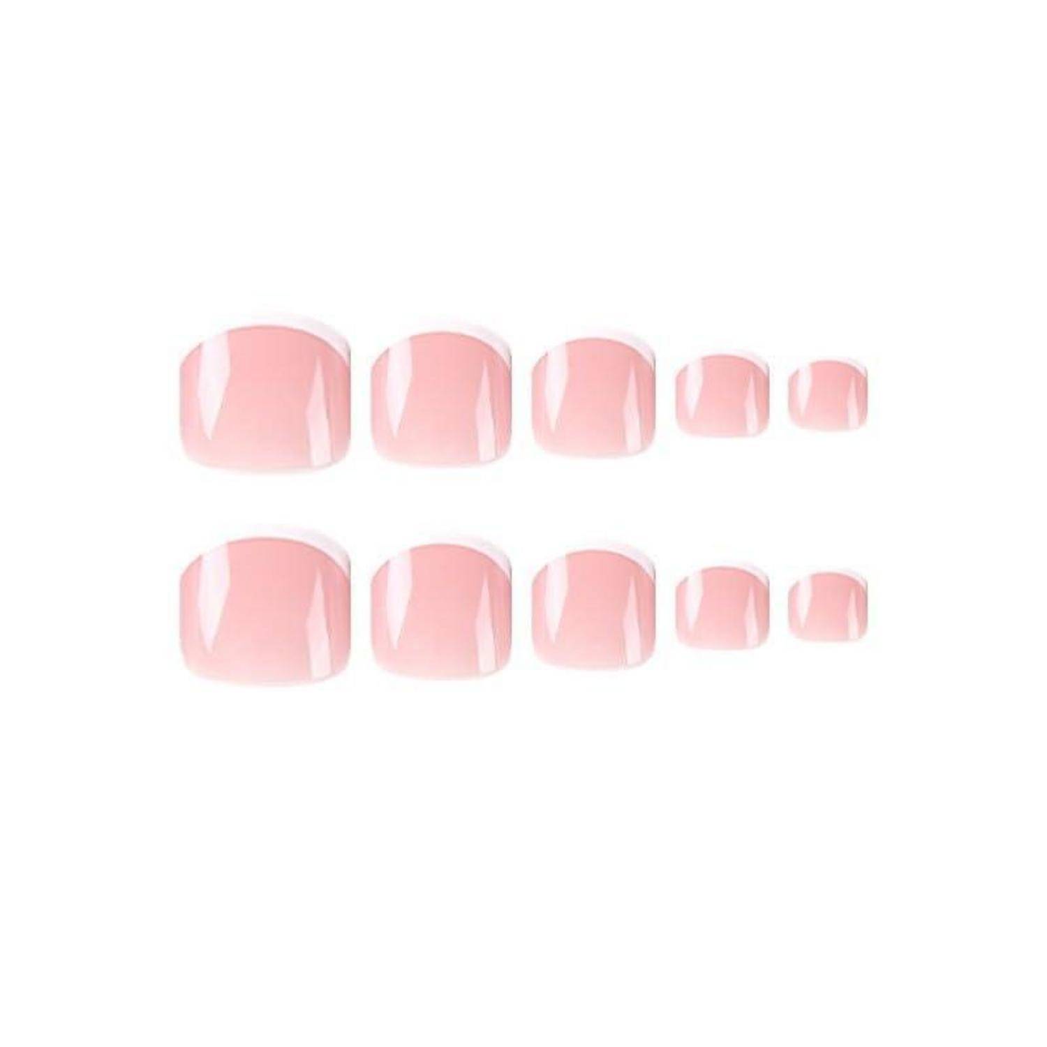 Zwei Reihen von rosa French-Tip-Kunstnägeln, die auf weißem Hintergrund von groß bis klein angeordnet sind.