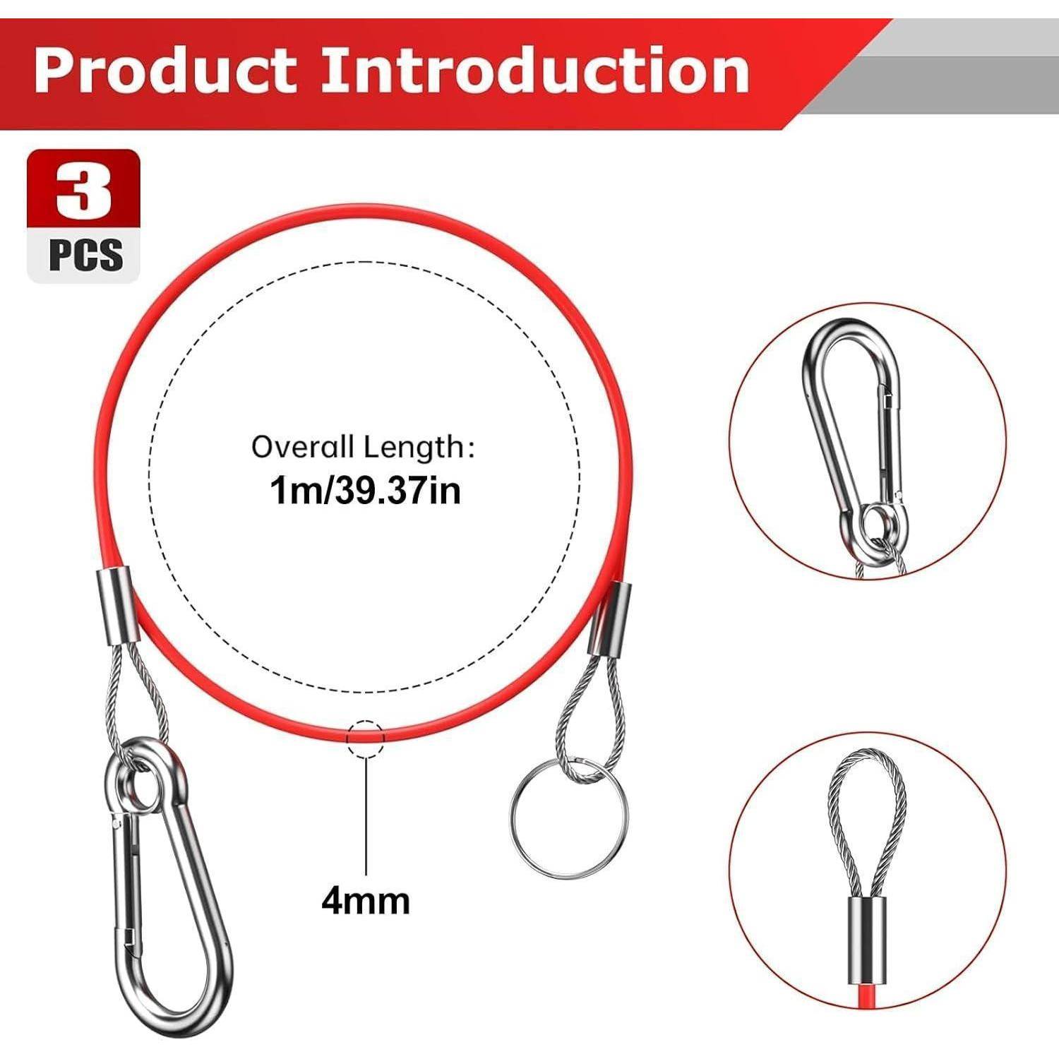 Produkteinführungsgrafik mit 3 Teilen: eine rote Kabelschlaufe, Gesamtlänge 1m/39,37 Zoll, 4mm dick, mit Metallkarabiner und Schlaufenenden.