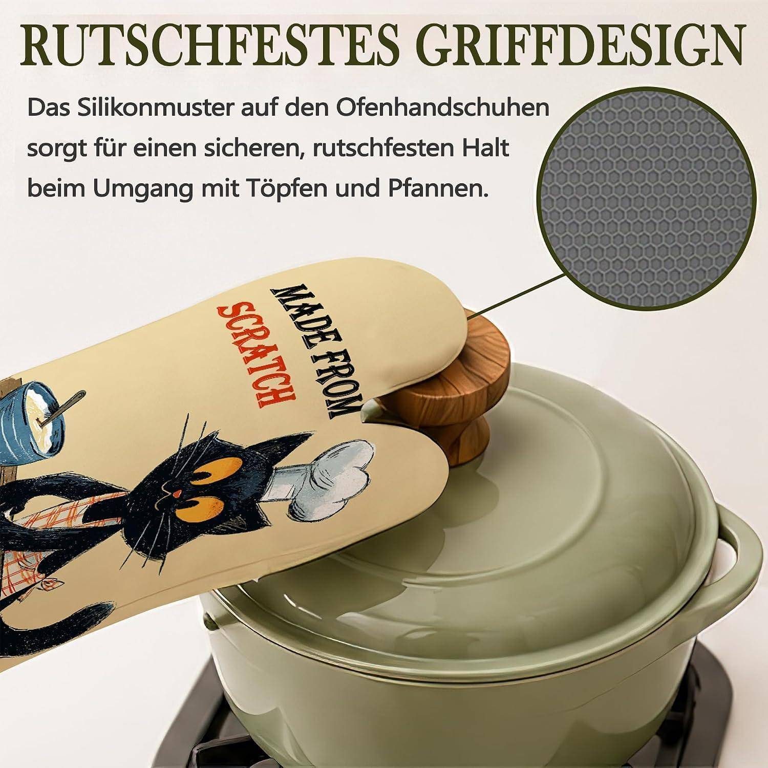 Ofenhandschuhe mit Silikongriff-Design, die ein sechseckiges rutschfestes Muster für sicheren Umgang mit Töpfen und Pfannen zeigen.