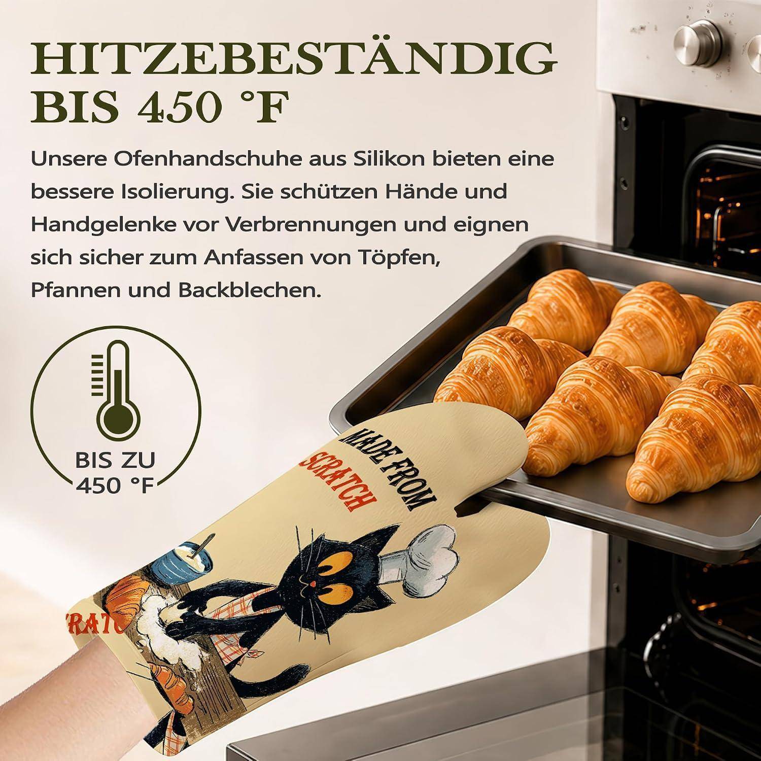 Anzeige zeigt einen Ofenhandschuh, der ein heißes Backblech mit Croissants hält, mit deutschem Text, der Silikon-Ofenhandschuhe bewirbt, die hitzebeständig bis 450°F sind.