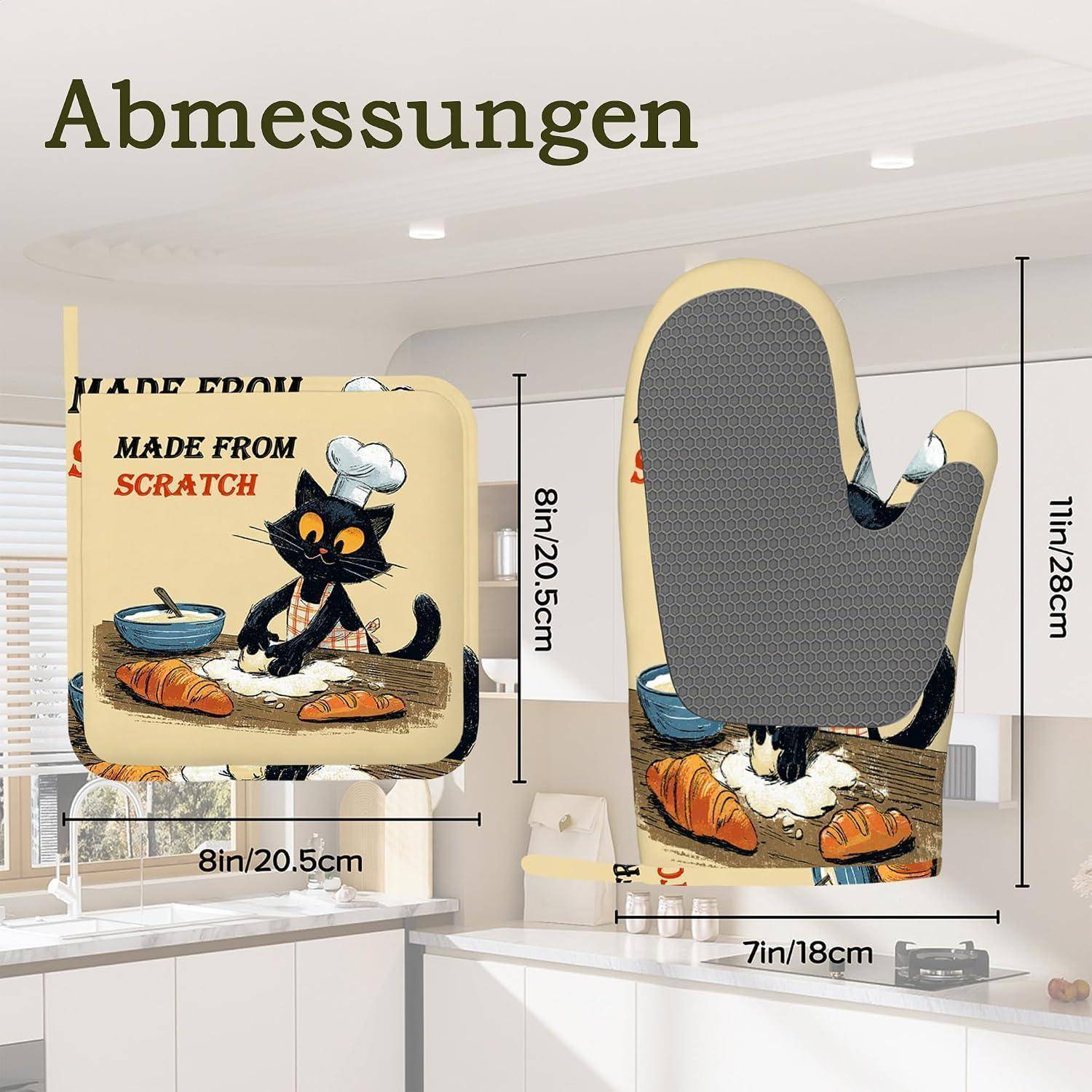 Ein Produktgrößendiagramm für einen Katzen-Ofenhandschuh mit Vorder- und Rückansicht mit den Abmessungen: 8 Zoll/20,5 cm breit, 11 Zoll/28 cm hoch und 7 Zoll/18 cm breit.