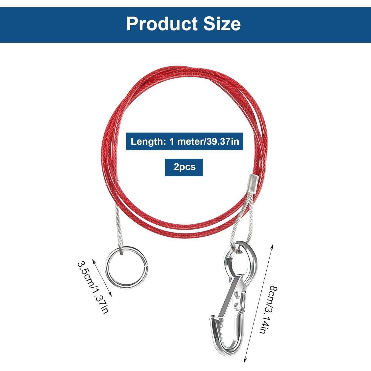 Produktgrößendiagramm einer roten Kabelschleife mit Metallanschlüssen, beschriftet mit „Länge: 1 Meter/39,37 Zoll