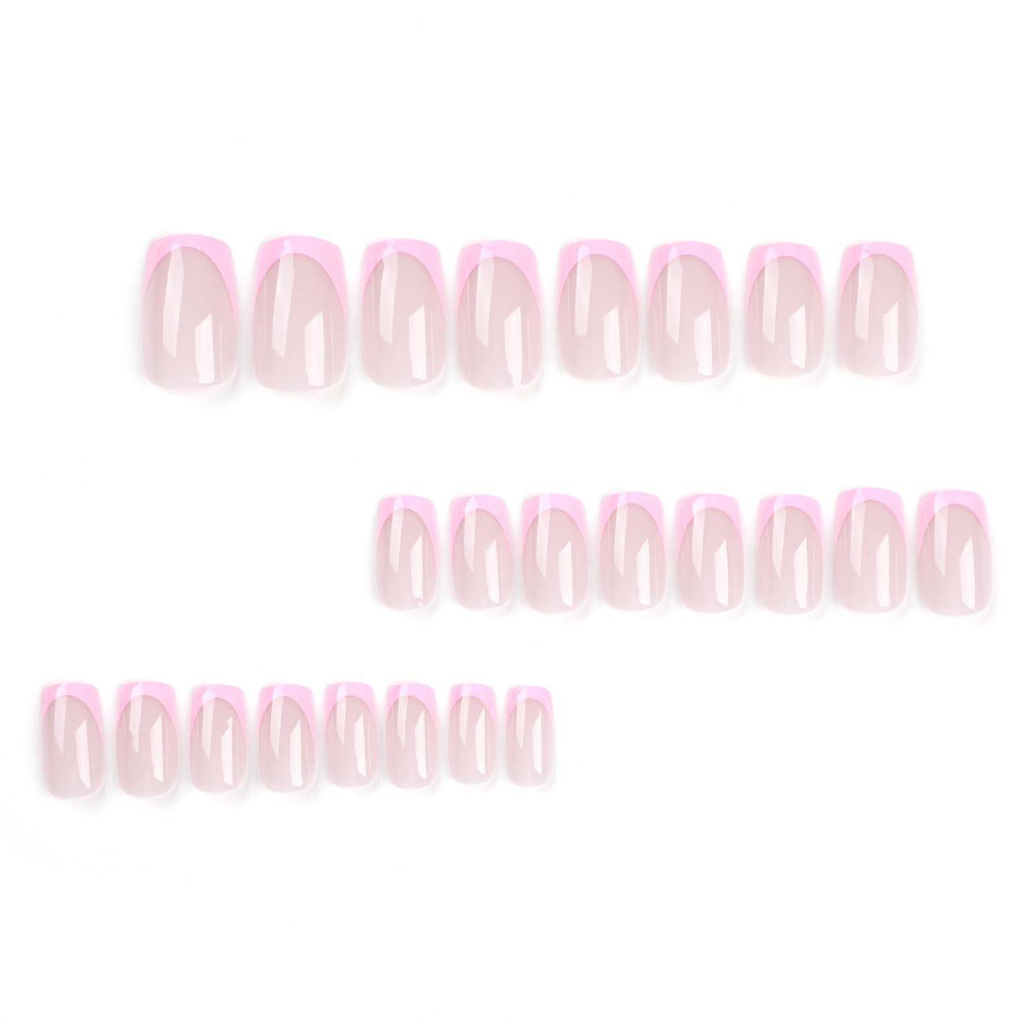 Drei Reihen glänzend rosa Press-on-Nägel auf weißem Hintergrund angeordnet, die Nageldesign-Variationen in verschiedenen Größen zeigen.