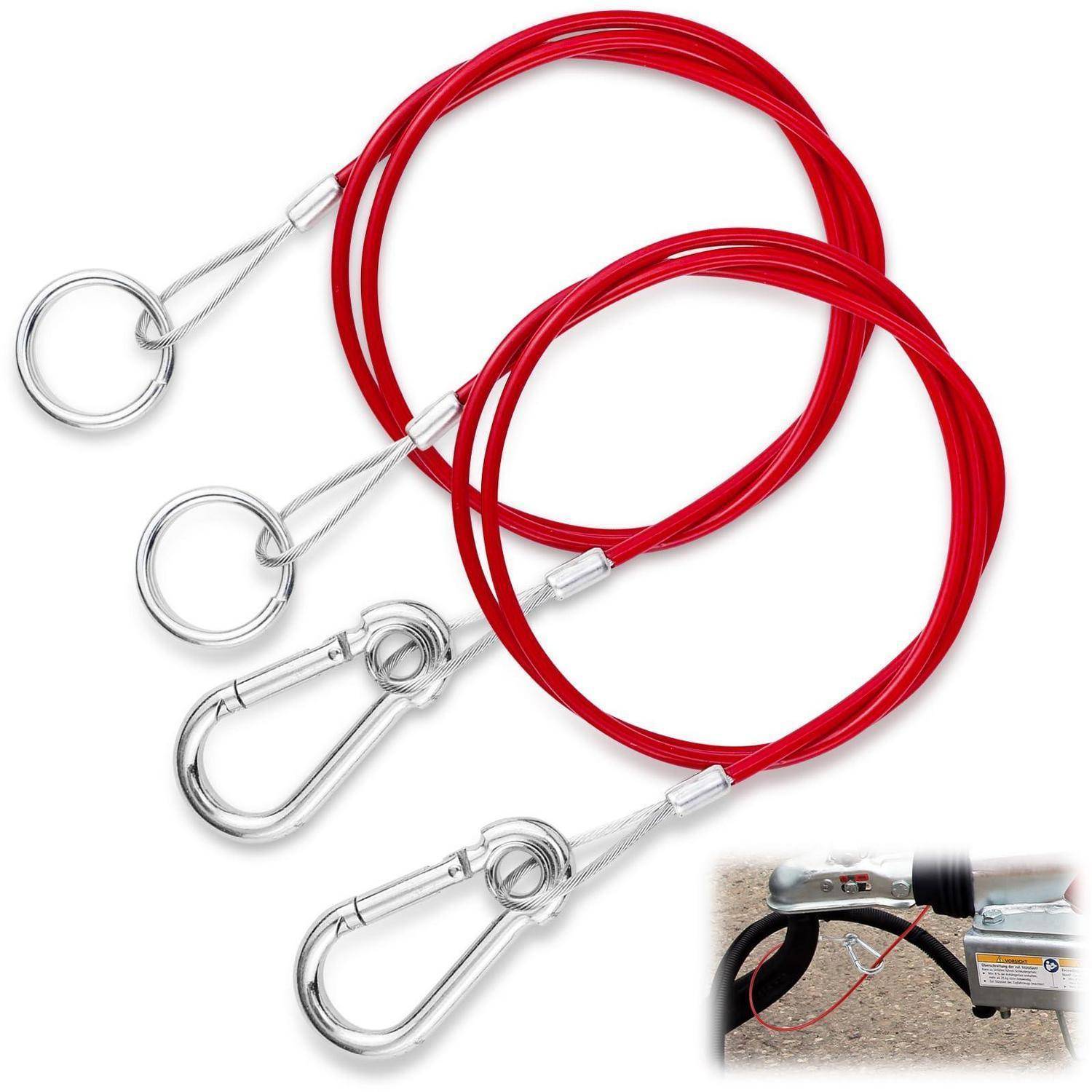 Zwei rote spiralförmige Sicherheitskabel mit silbernen Haken und Ringen, plus ein kleines Detailbild, das eines an einer Anhängerkupplung befestigt zeigt.