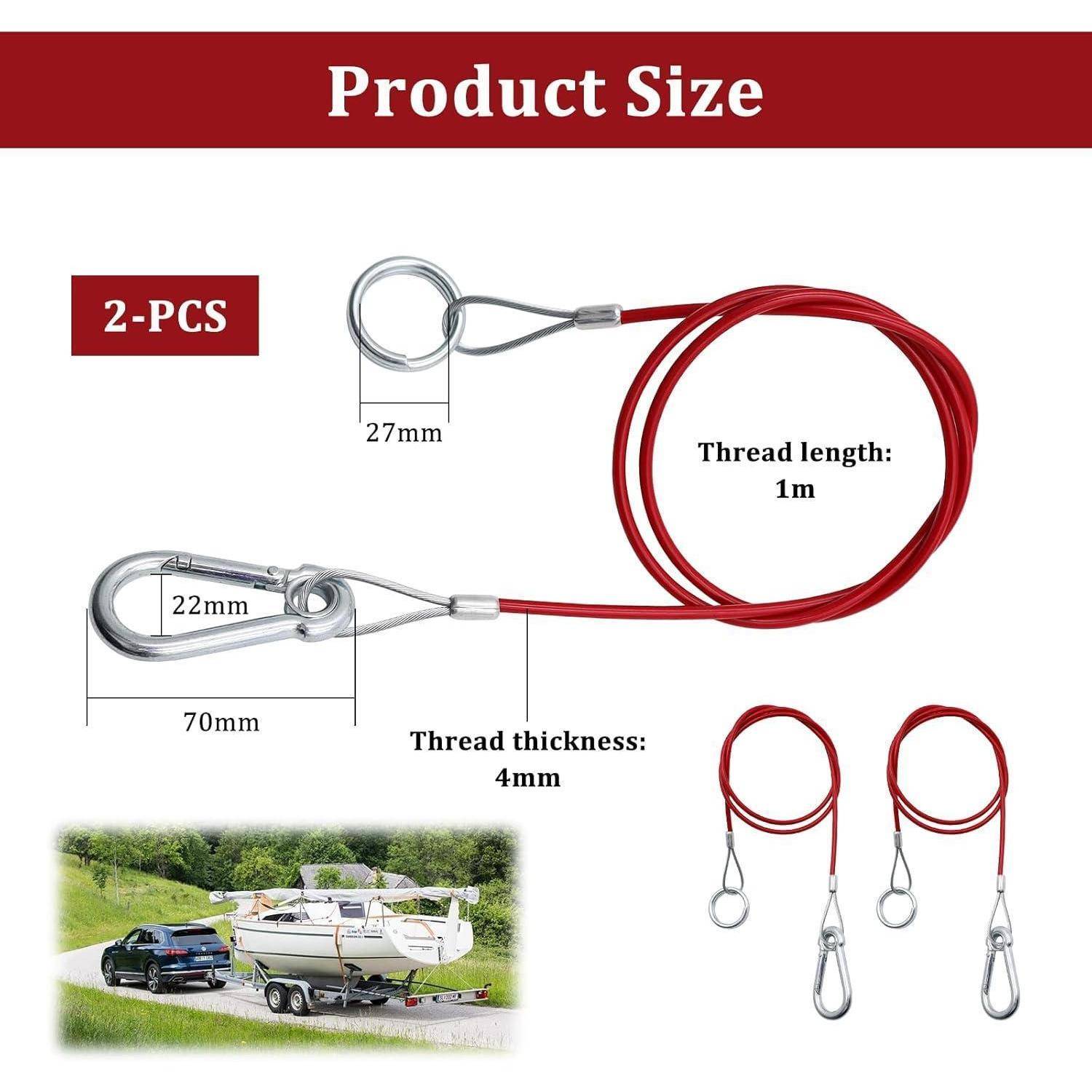 Produktgrößendiagramm für zweiteilige Spannseile: 1 m rotes beschichtetes Stahlseil, 4 mm dick, mit Ringöse und Hakenenede; Größenbezeichnungen 27 mm, 22 mm, 70 mm, plus Anhänger-Zugbeispiel.