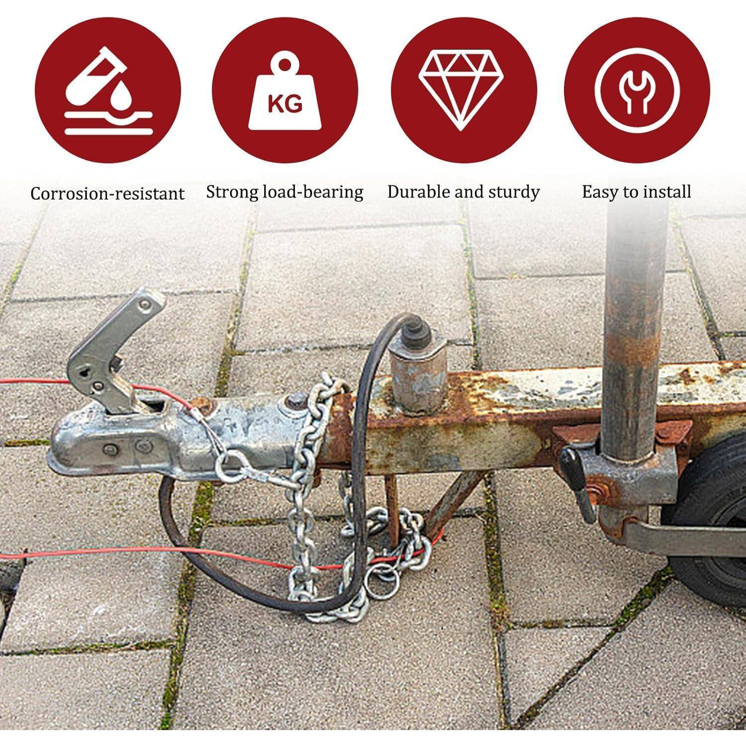 Diagramm der Anhängerkupplungsmerkmale: Korrosionsbeständig, starke Tragfähigkeit, langlebig und robust sowie einfache Montage, mit einem Foto eines rostigen Anhängerkupplers und einer Kette auf Asphalt.