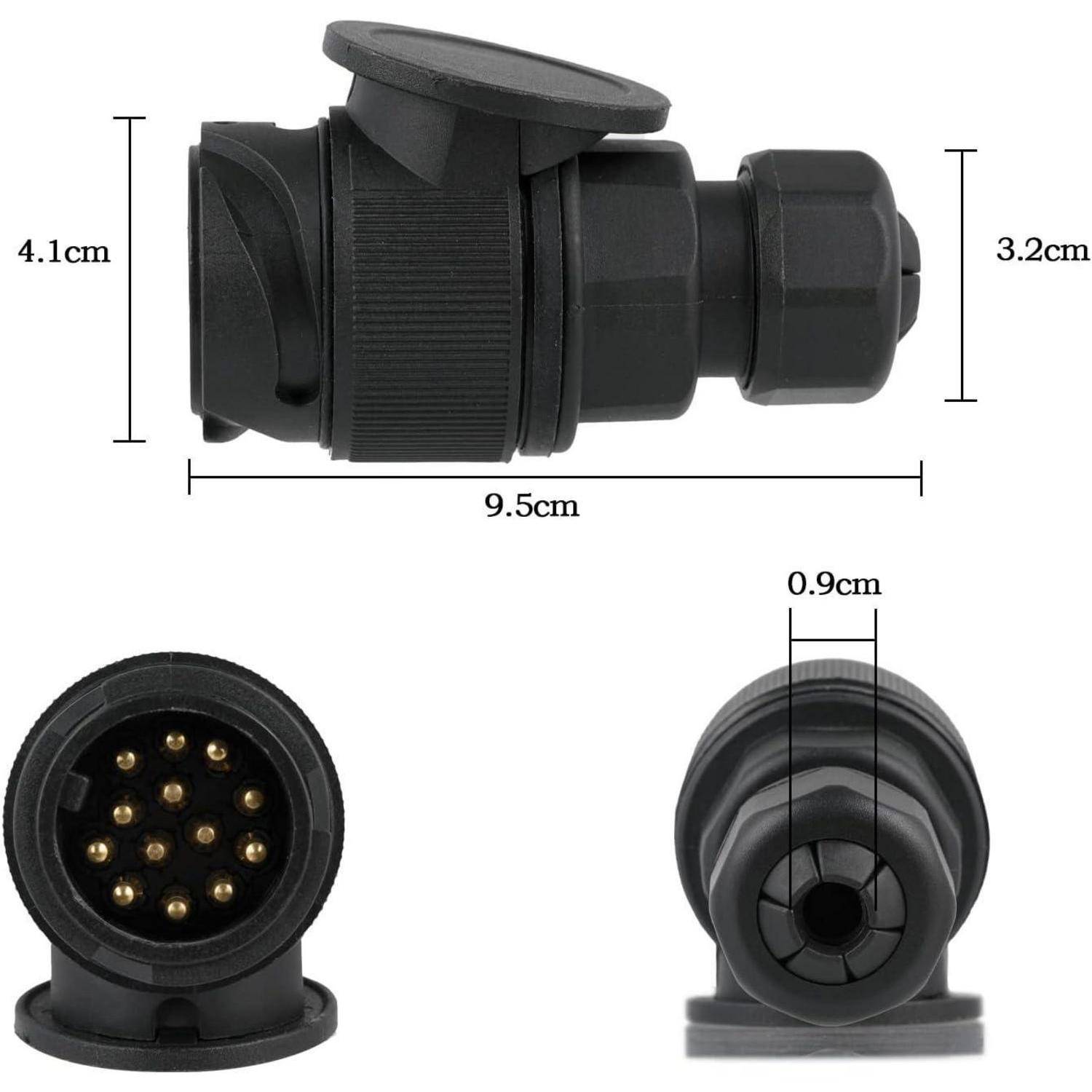 Produktdiagramm eines schwarzen Elektrostecker-Adapters, dargestellt von der Seite, Vorderseite und Endansicht mit beschrifteten Abmessungen von 9,5 cm Länge, 4,1 cm Höhe, 3,2 cm Breite und 0,9 cm Öffnung.