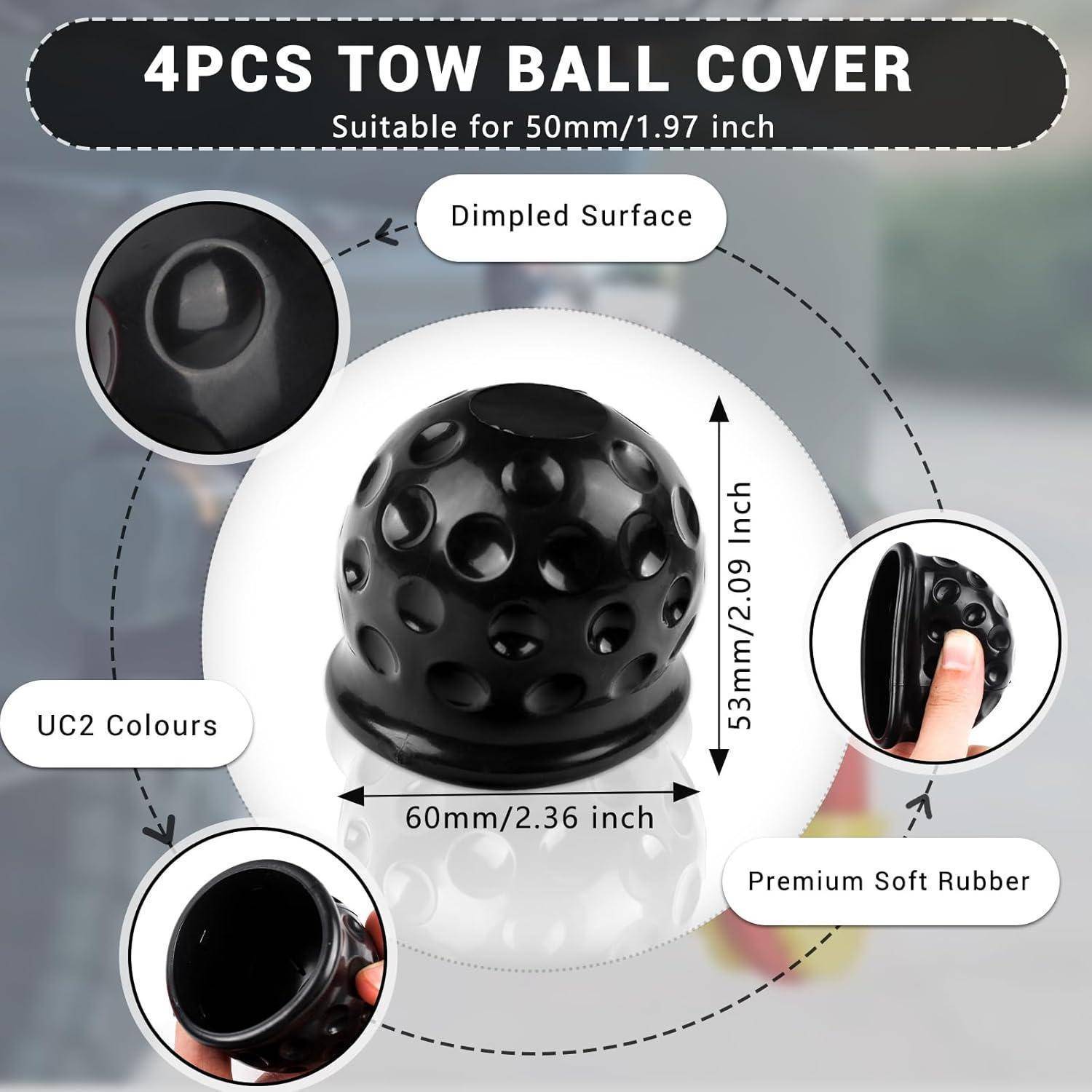 Produktgrafik für 4 Kupplungsballabdeckungen, geeignet für 50mm/1,97 Zoll Kugeln; schwarze Abdeckung aus Premium-Weichgummi mit Dellenmuster, dargestellt mit 60mm Breite und 53mm Höhe.