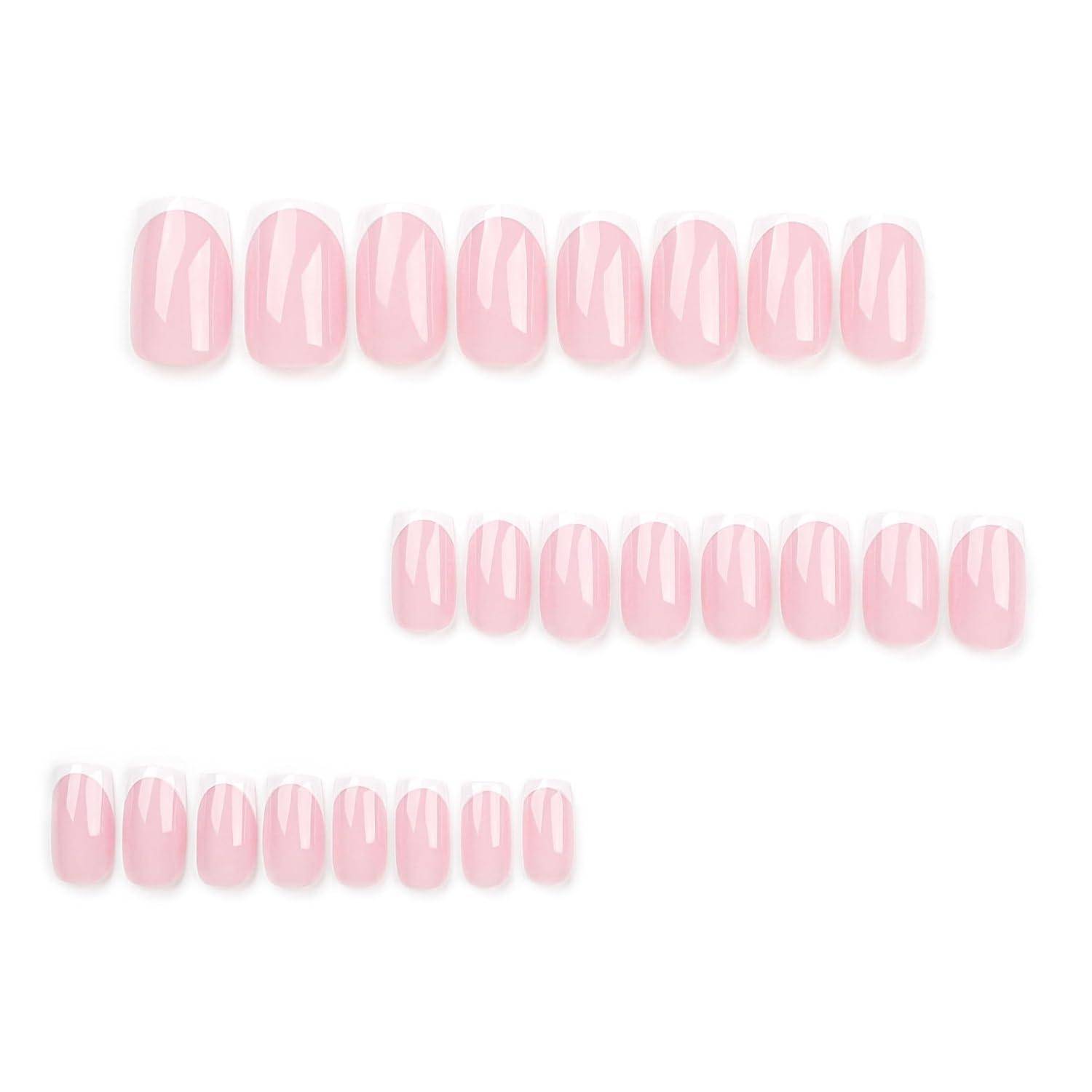 Drei Reihen glänzender rosa ovaler Formen auf weißem Hintergrund, die Nagelkunst oder Aufkleber-Muster ähneln.