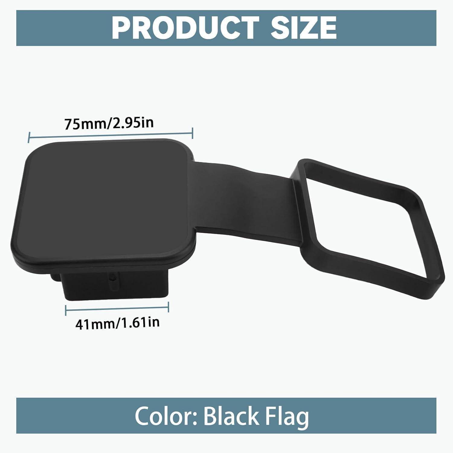 Schwarzes quadratisches Produkt mit angebrachtem Riemen und Rahmen, gekennzeichnete Produktgröße 75 mm x 41 mm; Farbe: Schwarze Flagge.