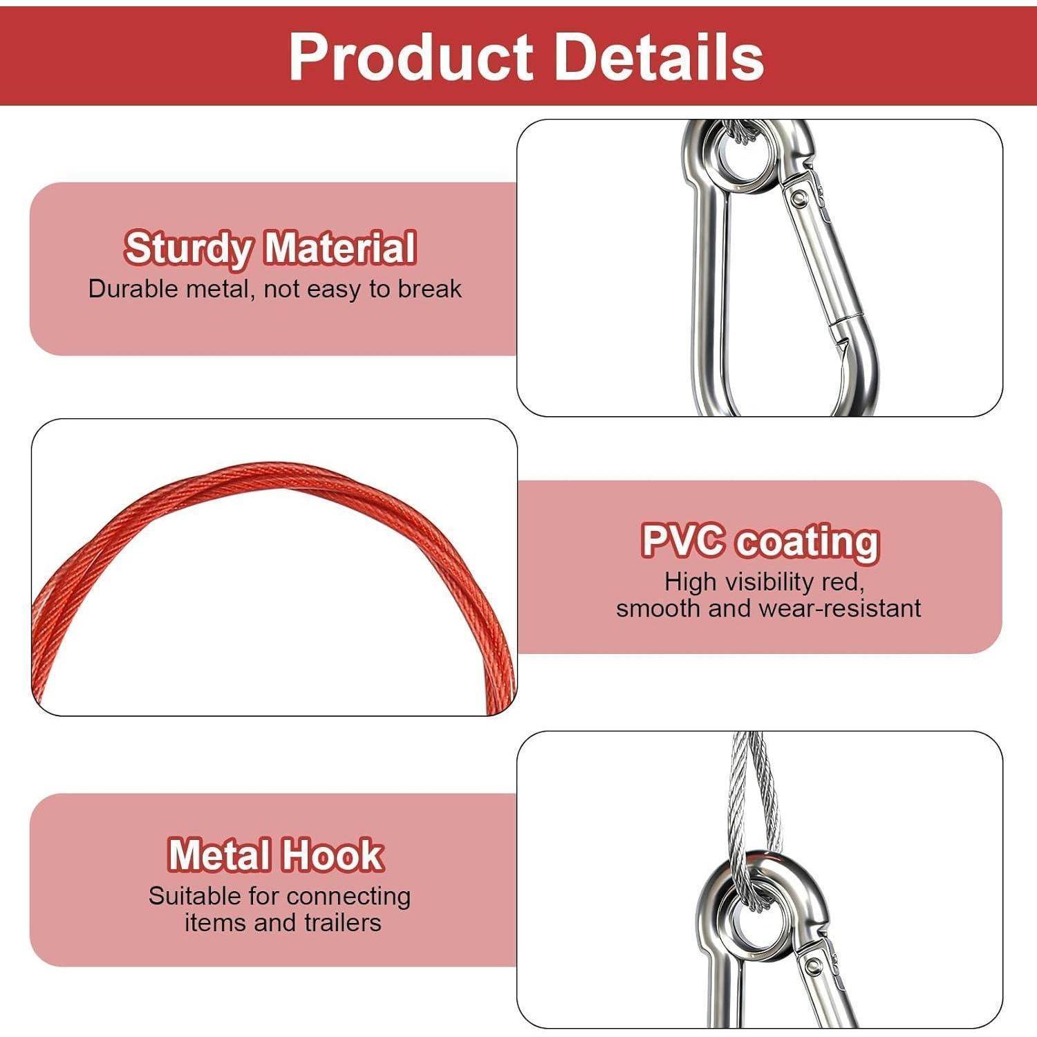 Produktdetails-Infografik zeigt einen langlebigen Metallhaken mit PVC-beschichtetem roten Kabel; Beschriftungen heben robustes Material, Verschleißfestigkeit und Verwendung für Anhänger-/Gegenstandsverbindung hervor.