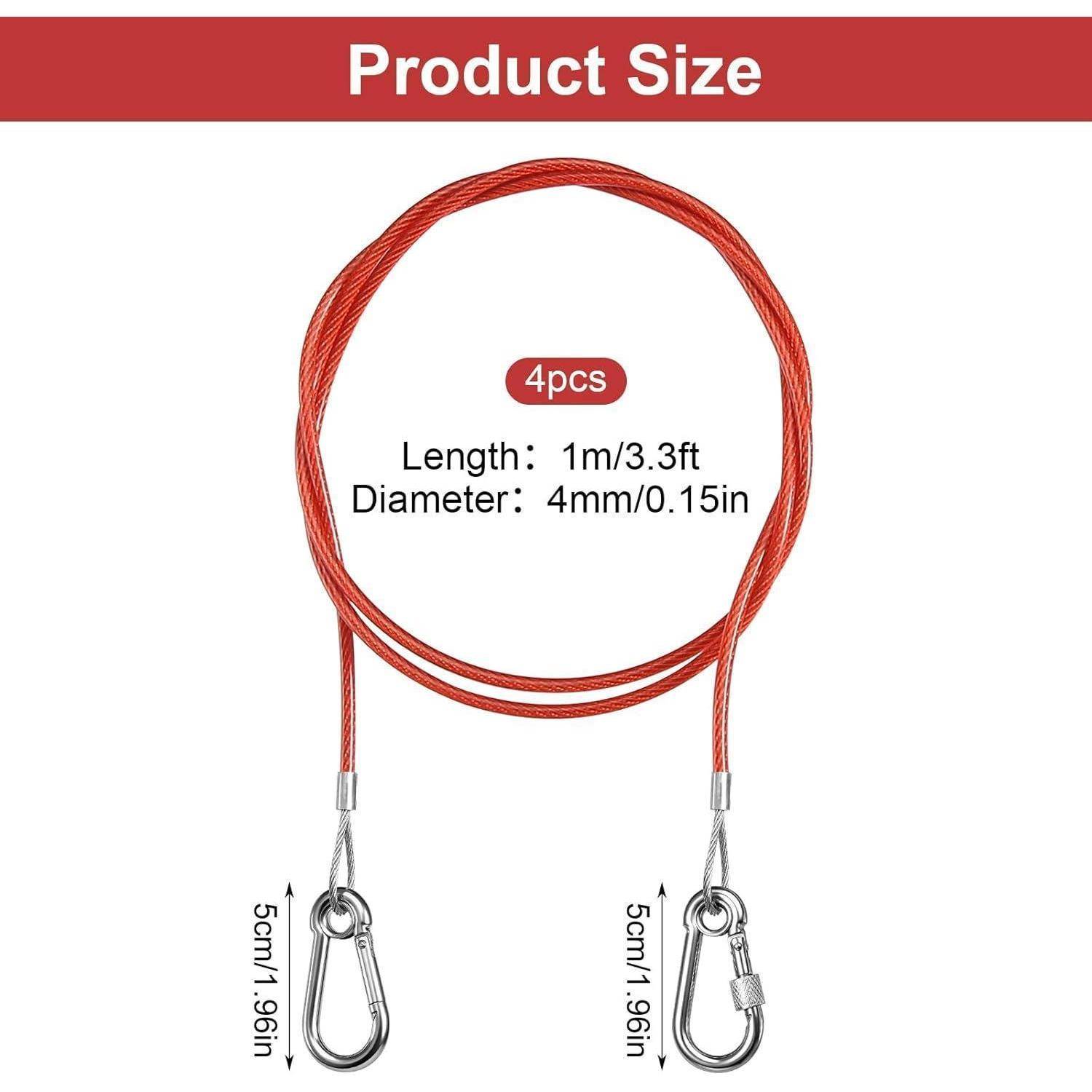 Produktgrößendiagramm für ein 4-teiliges rotes Stahlseil: Länge 1 m/3,3 ft, Durchmesser 4 mm/0,15 in, mit 5 cm/1,96 in Endschlaufen und Clips.